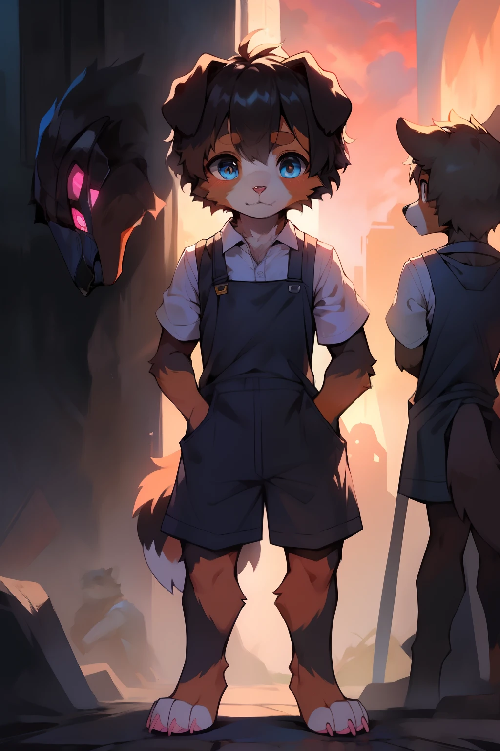 Furry Bernese mountain dog, forelimbs, legs, standing Shota boy, overall whitehead, Arms, Body and legs,Blue-black pattern all over the body,pink flesh pads, eyes and pupils blue, Furry, No clothing, Two ears