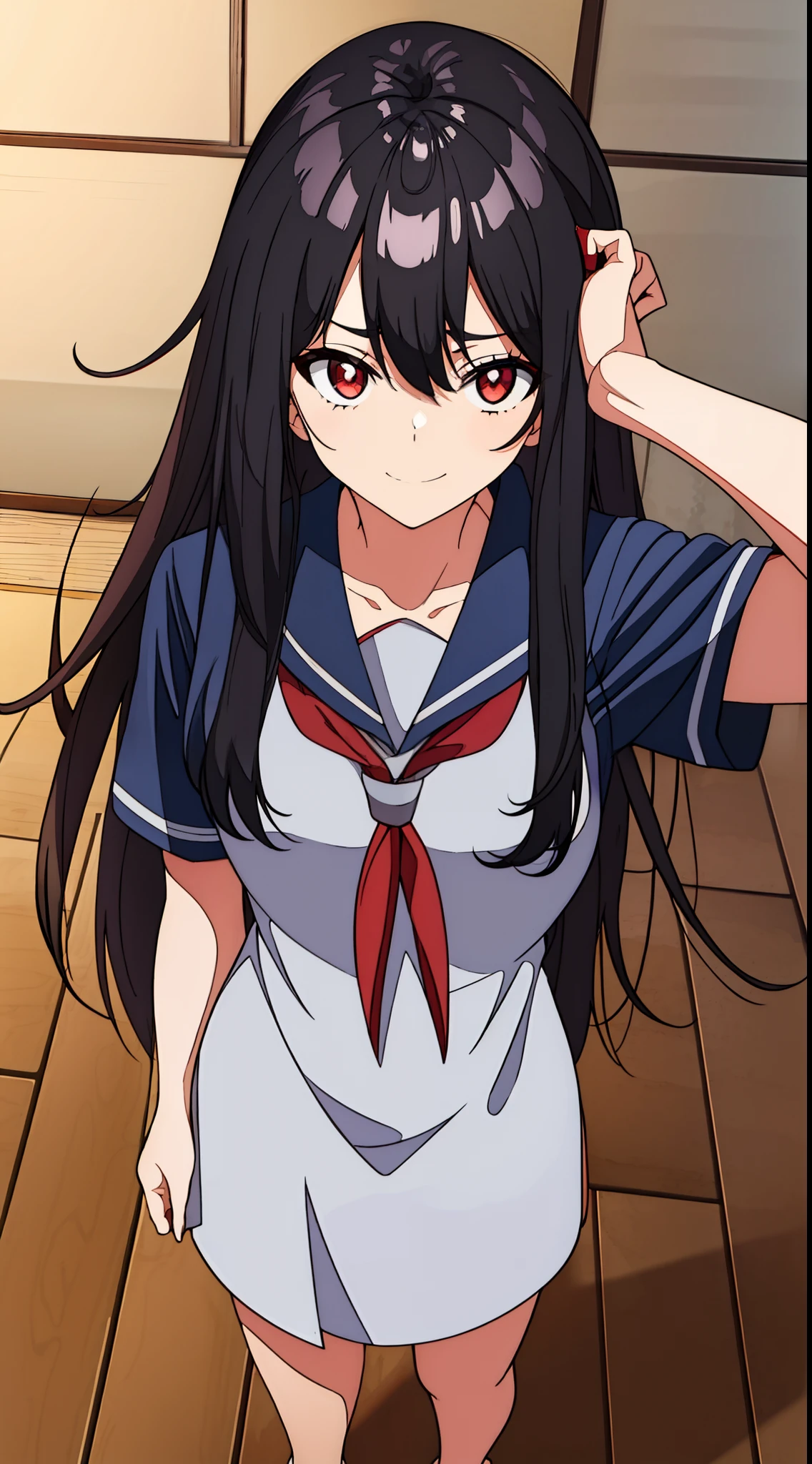 (One  girl) with black hair, unkempt hair,,,,,,,,, messy  hair, red tired eyes, In Japanese school uniform, bare feet. bags under eyes, Lots of eye shadow,, yandere, Crazy evil smile with a contemptuous look from above