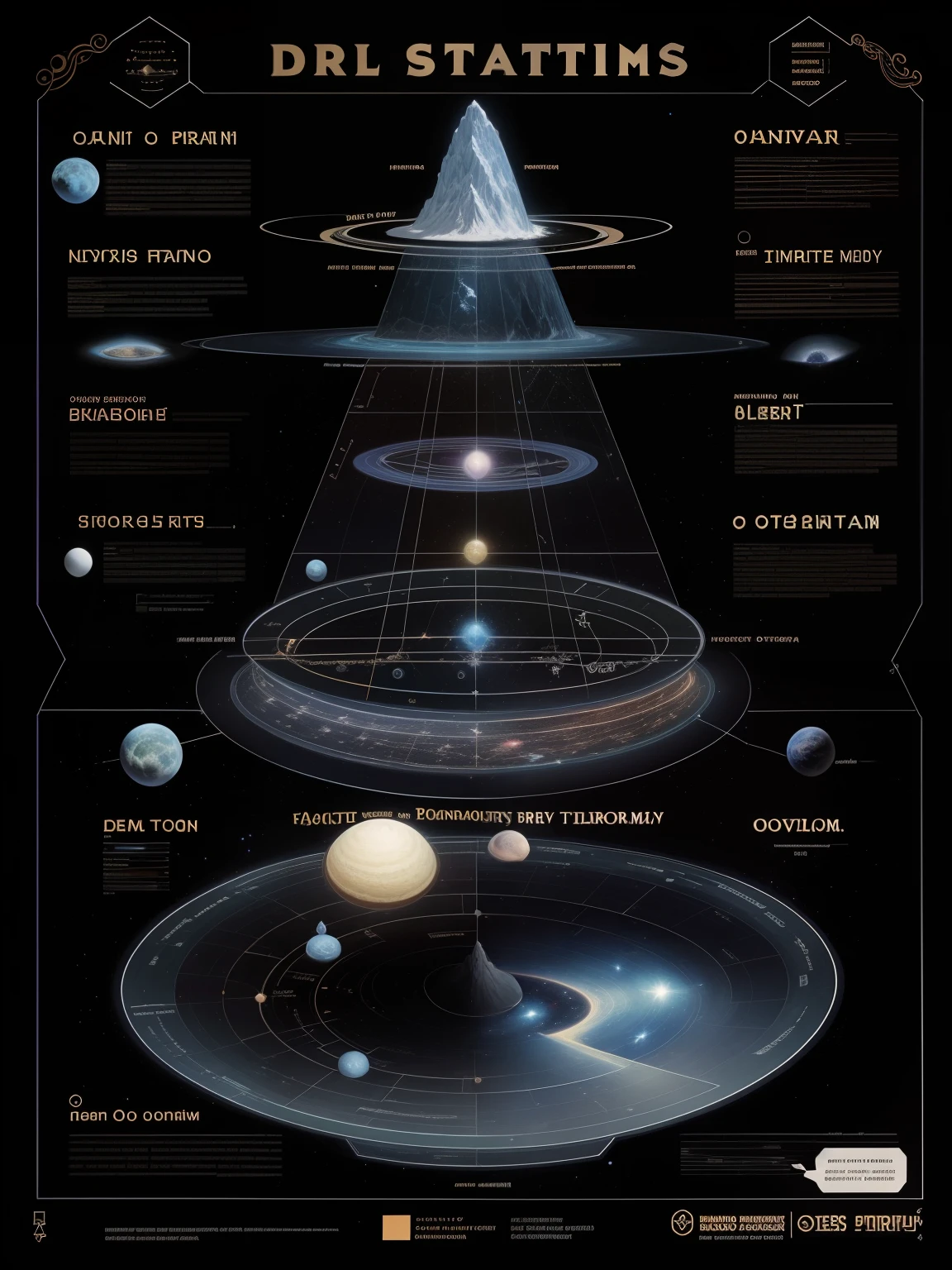 Diagram of the structure of Mount Meru's universe,Detailed charts,Planetary hierarchy,Surrounded by stars,Star chart,Lots of detail