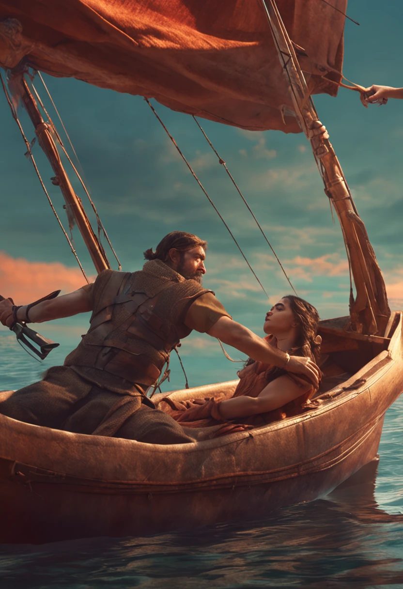 A man is sleeping on his boat with his arms spread out in his right hand and his back. A woman is sitting on top of him, holding a sword in her two hands and thrusting it into his chest.