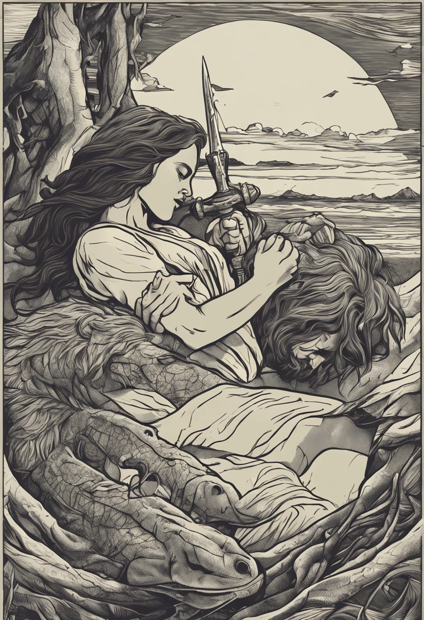 A man is sleeping on his boat with his arms spread out in his right hand and his back. A woman is sitting on top of him, holding a sword in her two hands and thrusting it into his chest.