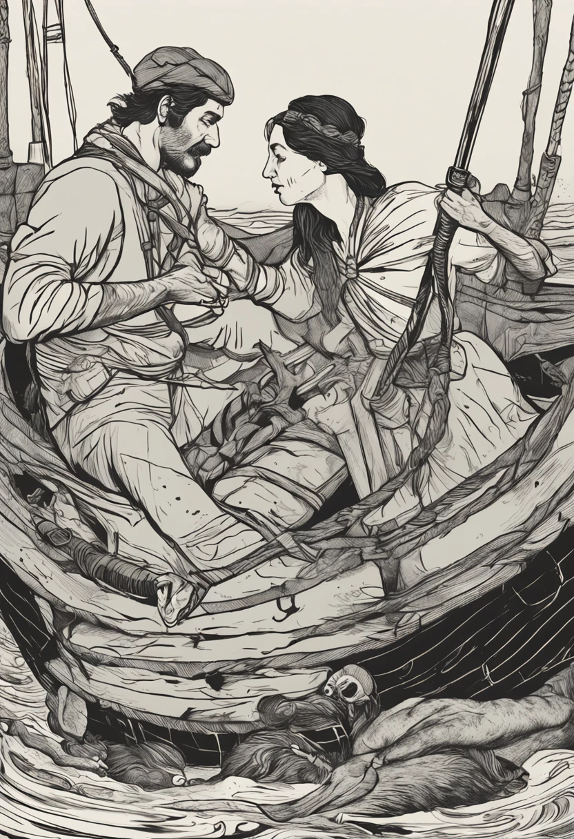 A man is sleeping on his boat with his arms spread out in his right hand and his back. A woman is sitting on top of him, holding a sword in her two hands and thrusting it into his chest.