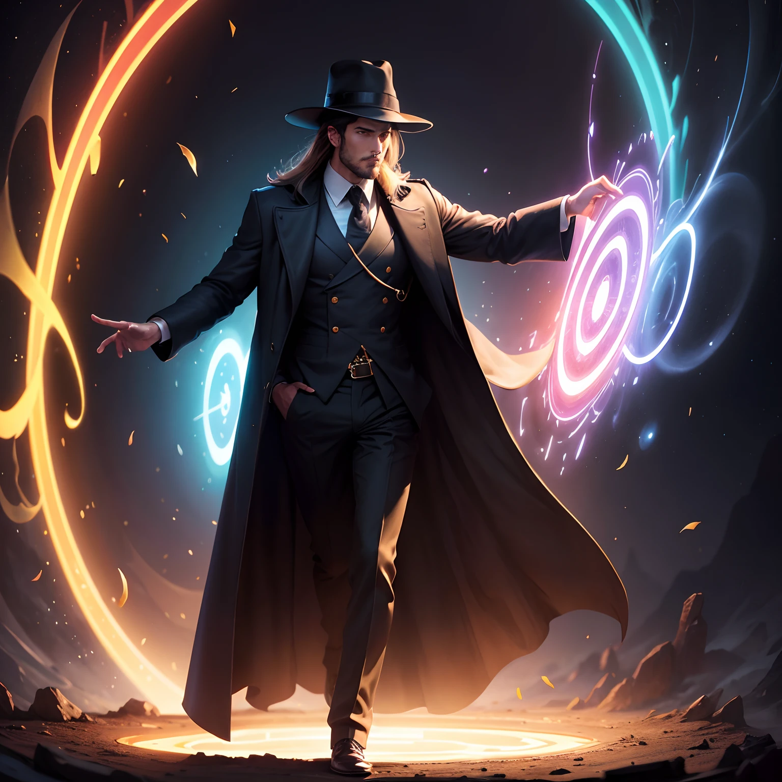 A handsome figure in a long coat and hat steps out of a glowing portal, a look of wonder on their face.