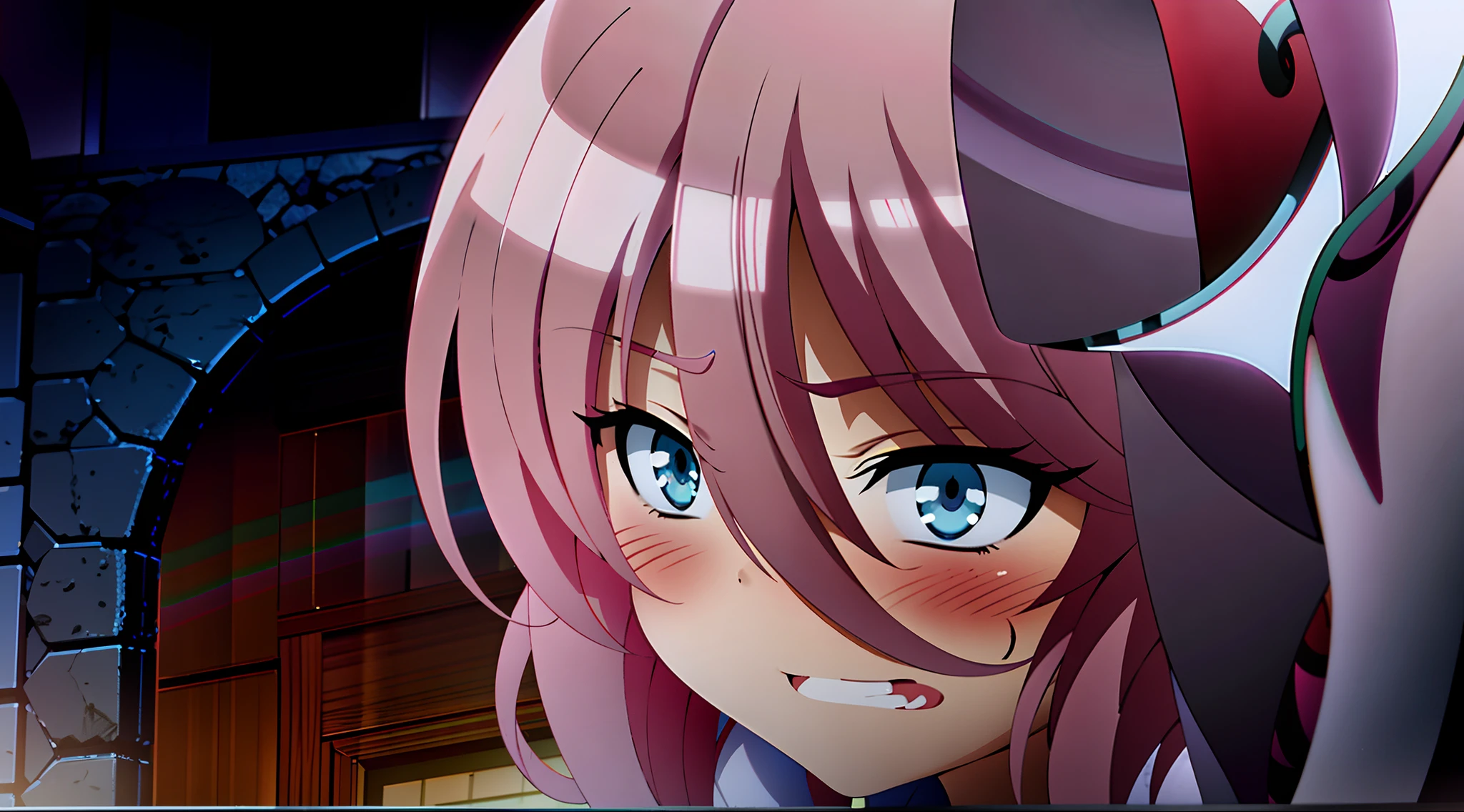 Anime girl with pink hair and green eyes looking out the window, she has a cute expressive face, screenshot from the anime film, mirai nikki, Today's featured anime stills, still from tv anime, in the anime film, Sakura Haruno, close up of a young anime girl, animated still, anime girl named lucy, cunning expression, anime movie screenshot