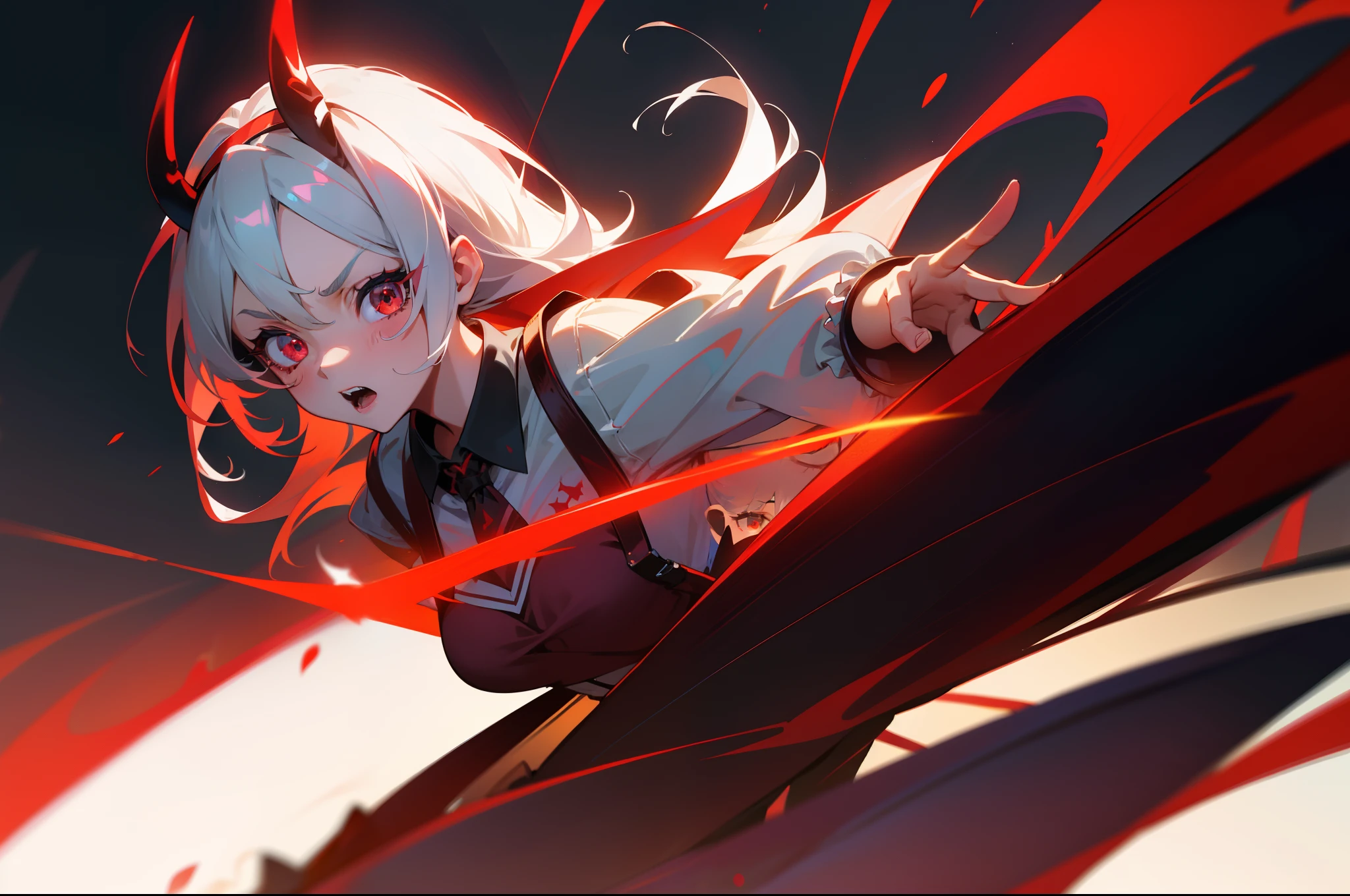 white scrunchie，s girl，red color eyes，Black Devil Horn，Red lining，Blue suspenders，4K，The picture is exquisite，A high resolution，Five fingers，obstinate and unruly，Lighting effects enhanced