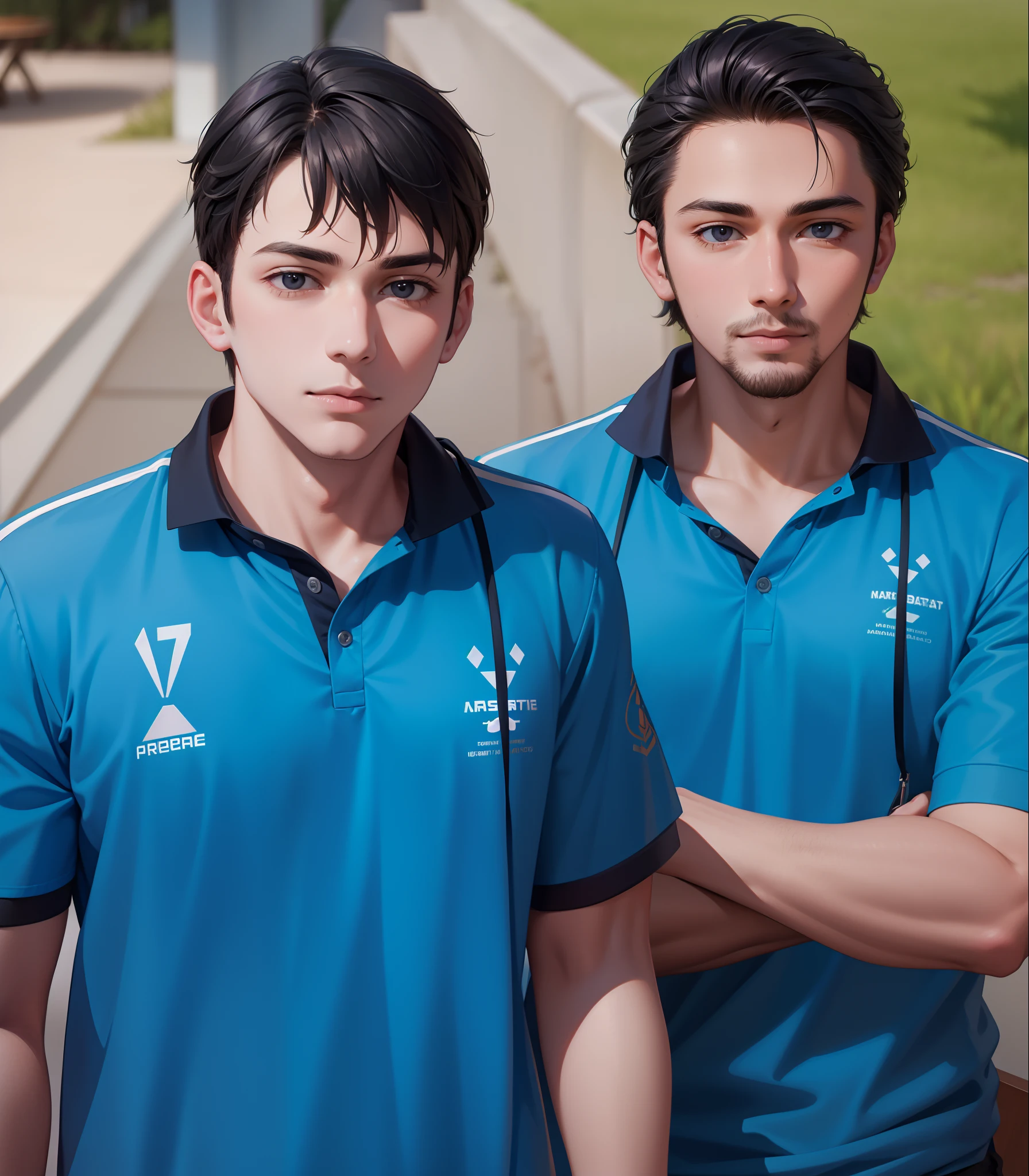 Attractive profile picture, 2 guys, masterpiece, ultra-precise rendering, beautiful and cool young man, trustworthy, dependable young man, savior of the world, simple design, 4k, facial hair, polo shirt.