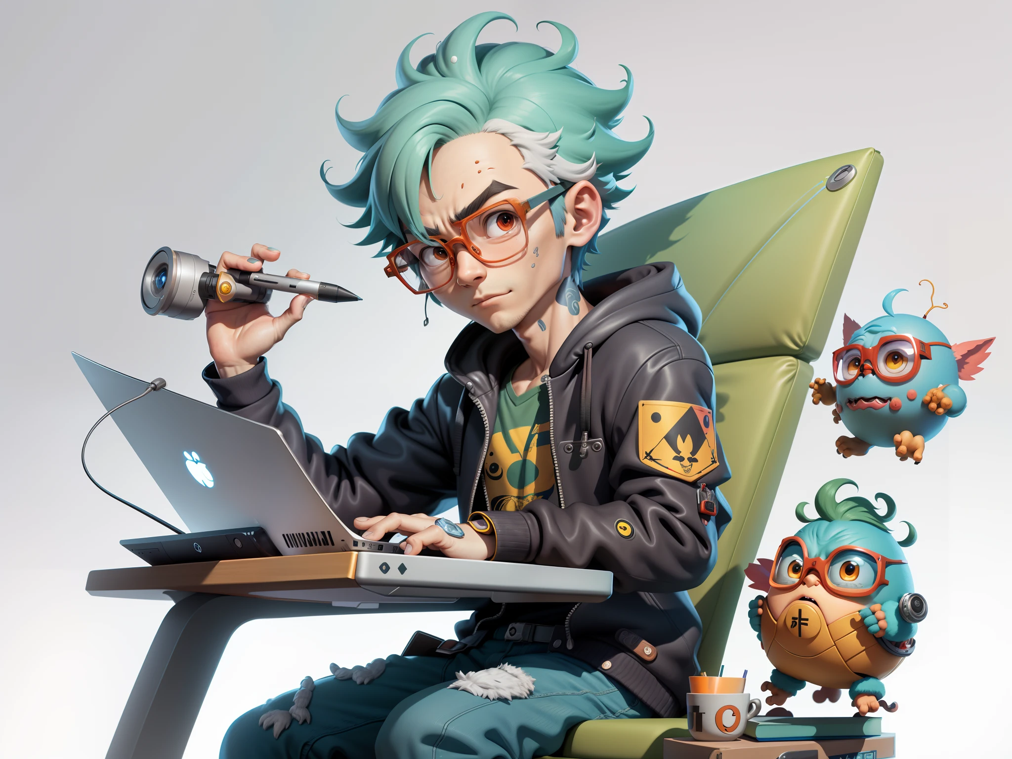 A young man with glasses sits at his desk,holding laptop,digitial painting,3D character design by Mark Clairen and Pixar and Hayao Miyazaki and Akira Toriyama,4K HD illustration,Very detailed facial features and cartoon-style visuals。
