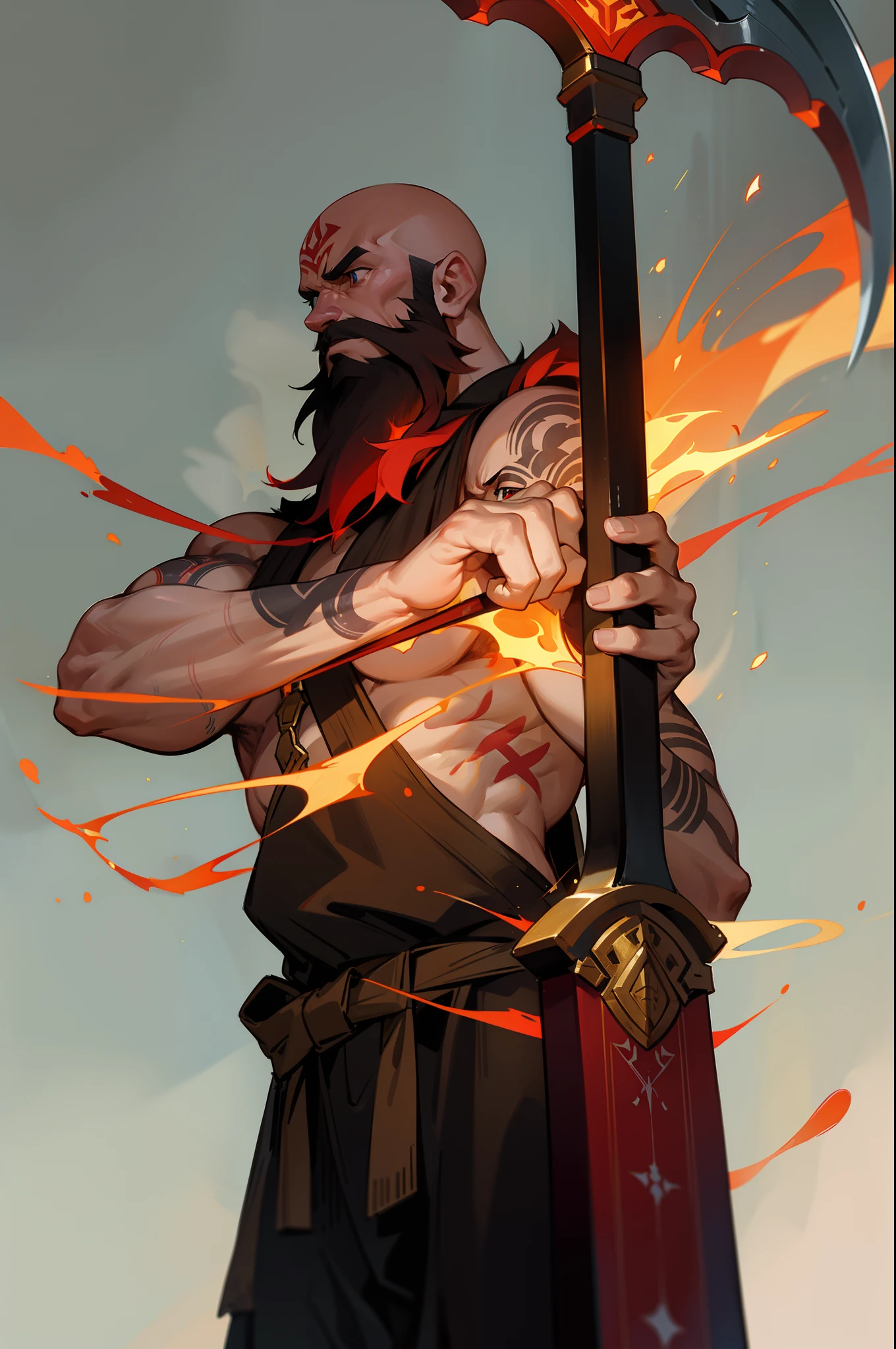 Strong build,upper body bare,Standing,There are red tattoos on the body,bald-headed,big beard,Holding a flaming golden axe