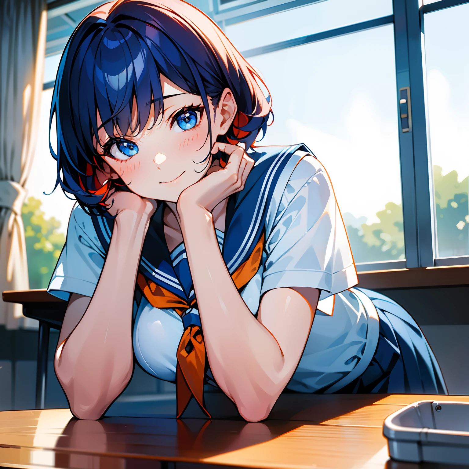 Blue-orange curls are curved inward，It belongs to short-haired，There is a strong sense of freshness and freshness,girl with,serafuku,hands on one's face,Elbows on the desk,Sit up,‎Classroom,sunlights,window,see the beholder,A smile