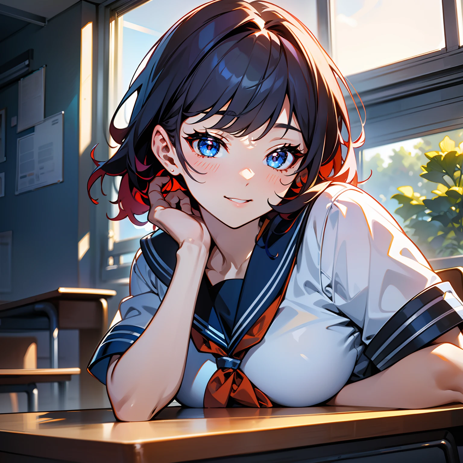 Blue-orange curls are curved inward，It belongs to short-haired，There is a strong sense of freshness and freshness,girl with,serafuku,hands on one's face,Elbows on the desk,Sit up,‎Classroom,sunlights,window, see the beholder, Toothless smile, Best Quality,Ultra-detailed, High resolution, extremely details CG, Unity 8k壁纸, Official art, production art, novel illustration, by famous artist, Caustics, textile shading, super detailed skin, Perfect Anatomy, Detailed, Cinematic lighting, Dynamic lighting, Beautiful detailed eyes, (top-quality), (ultra-detailliert), (masuter piece), (hight resolution), (Original), Character Design, Game CG, Detailed Manga Illustration, Realistic head-to-body size ratio:1.2