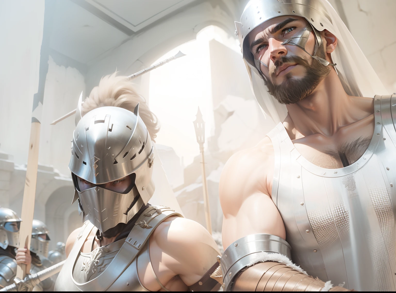 best quality, masterpiece, yaoi, two rugged men, bronzed tan skin, (bleeding cuts and bruises), wearing ancient roman gladiator armor, uncut flaccid penis, caressing each other, looking directly at each other lustfully, in dark dungeon, best view, perfect fingers, no watermark, no logo, no signature