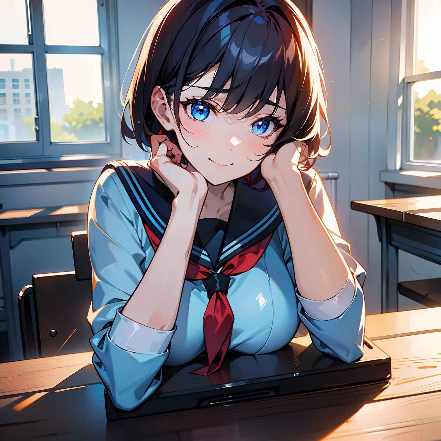 Blue-orange curls are curved inward，It belongs to short-haired，There is a strong sense of freshness and freshness,girl with,serafuku,hands on one's face,Elbows on the desk,Sit up,‎Classroom,sunlights,window, see the beholder, Toothless smile, Best Quality,Ultra-detailed, High resolution, extremely details CG, Unity 8k壁纸, Official art, production art, novel illustration, by famous artist, Caustics, textile shading, super detailed skin, Perfect Anatomy, Detailed, Cinematic lighting, Dynamic lighting, Beautiful detailed eyes, (top-quality), (ultra-detailliert), (masuter piece), (hight resolution), (Original), Character Design, Game CG, Detailed Manga Illustration, Realistic head-to-body size ratio:1.2