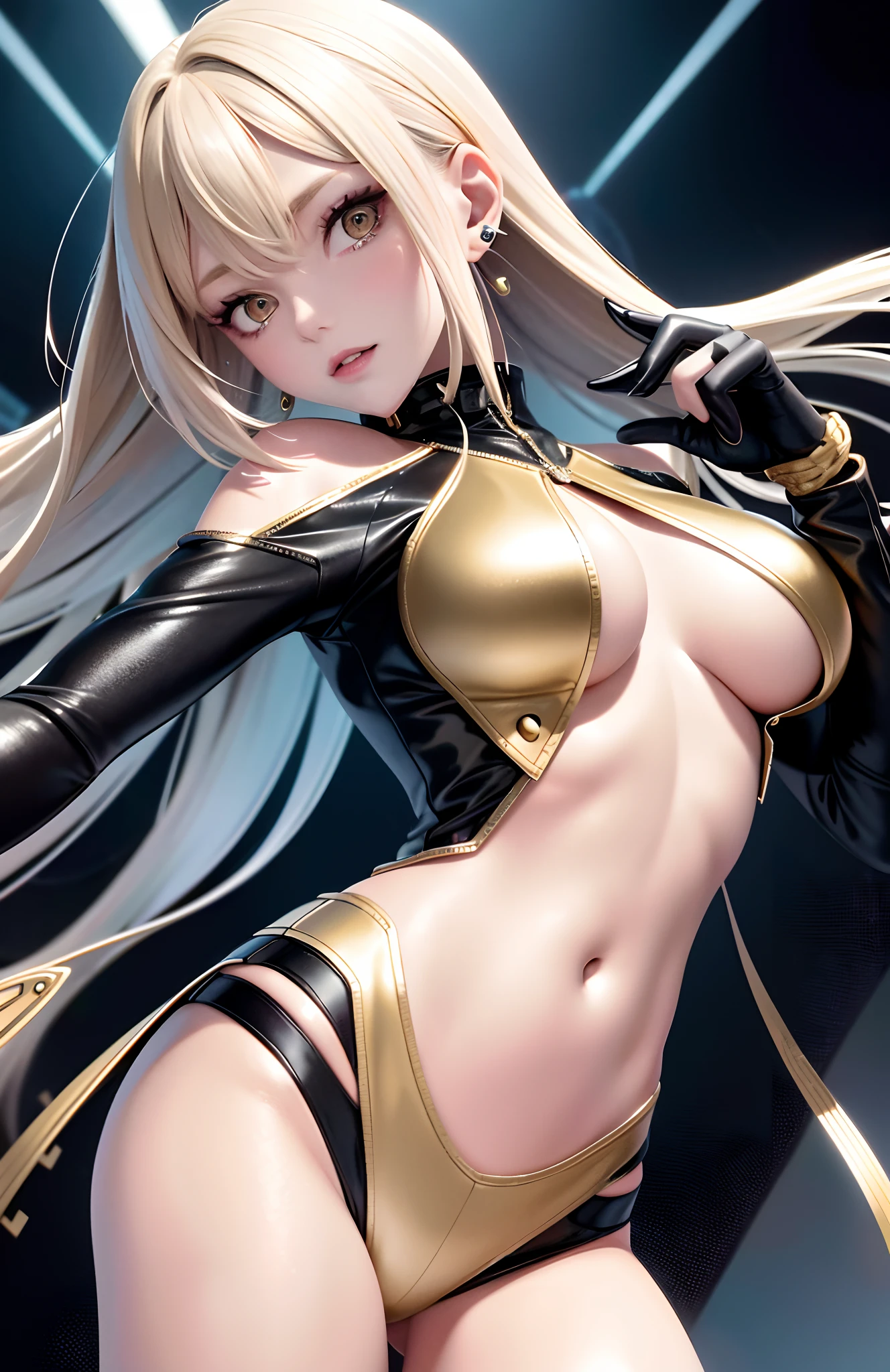 optimum,tmasterpiece,A high resolution,best qualtiy,hyper HD,super detailing,Award-Awarded,16k,独奏,((The upper part of the body)),((Bust)),anatomy correct,Beautiful cyberpunk girl,cute face,,Gradient Beige Hair,Hairline,((Dark golden eyes)),long eyelasher,Hanging eye corners,White skin of the,(small boobs),(Slim body),((Women's super short shawl leather jacket)),((goth style,racing_suit)),(()),ear studs,(Neck strap),(Laser material clothing:1.2)