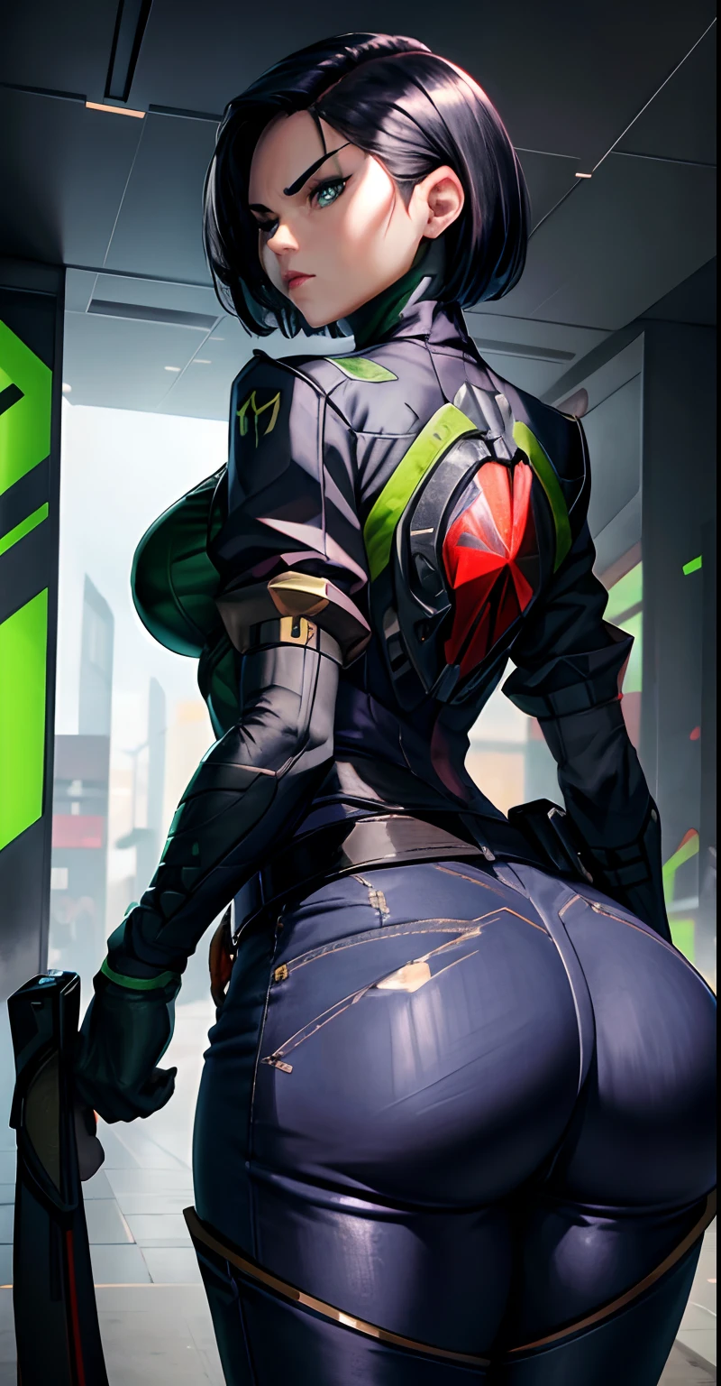 Masterpiece, Best quality,Watching from behind,《Fearless viper》, 比基尼, mitts, belt,ripped jeans, thigh boots, respirator, view the viewer, face, Portrait, Tattoo on the butt, Glowing eyes,,Black background,huge tit,big assa,Raised chest,Bare buttocks,desire tattoo,Buttocks close up,angry look,Devil figure,Staring angrily at the screen,Hips to the screen,Muscle woman,fat hips,leaning-forward, your ass