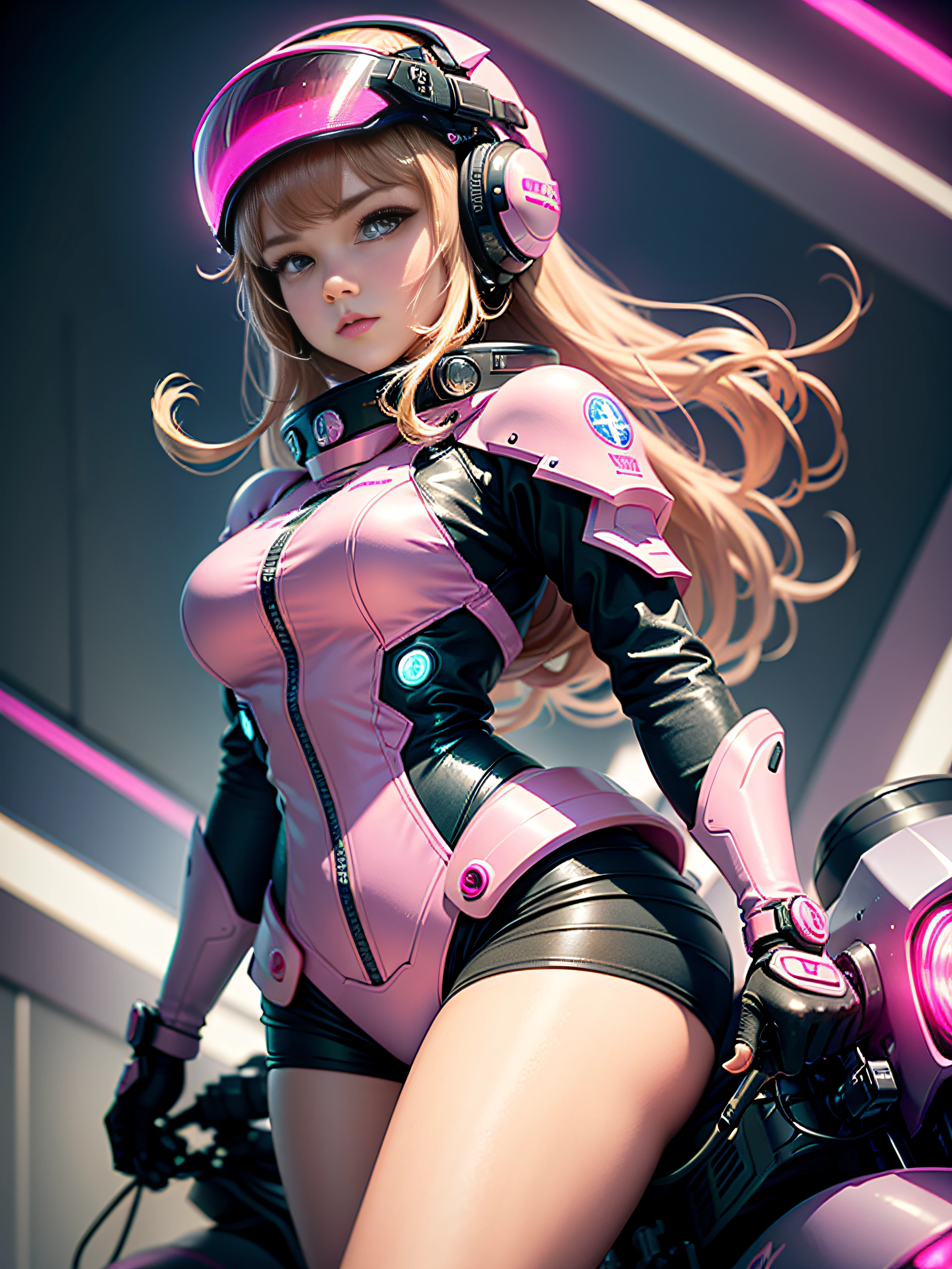 Highest Quality, Outstanding detail, Ultra-high resolution, (fidelity: 1.4), Best Illustration, favor details, Highly condensed 1girl, with a delicate and beautiful face, Wearing a pink mech, Wearing a mecha helmet, holding a directional controller, riding on motorcycle, The background is a high-tech neon scene of a futuristic city.