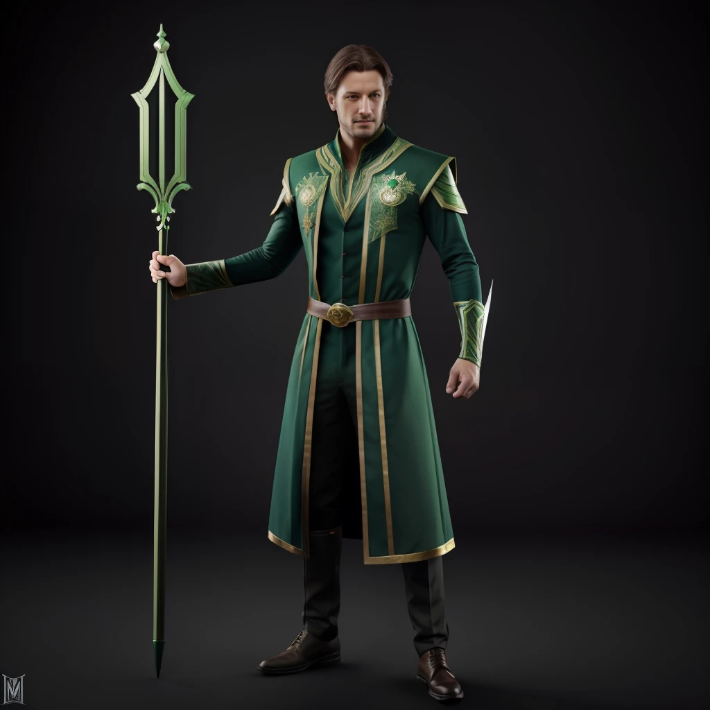 Модель Realistic Vision V5.1 ,foto realista , A man in a green magician costume with a staff in his hand , green mage costume , 3D изображение , With a staff in his hand.