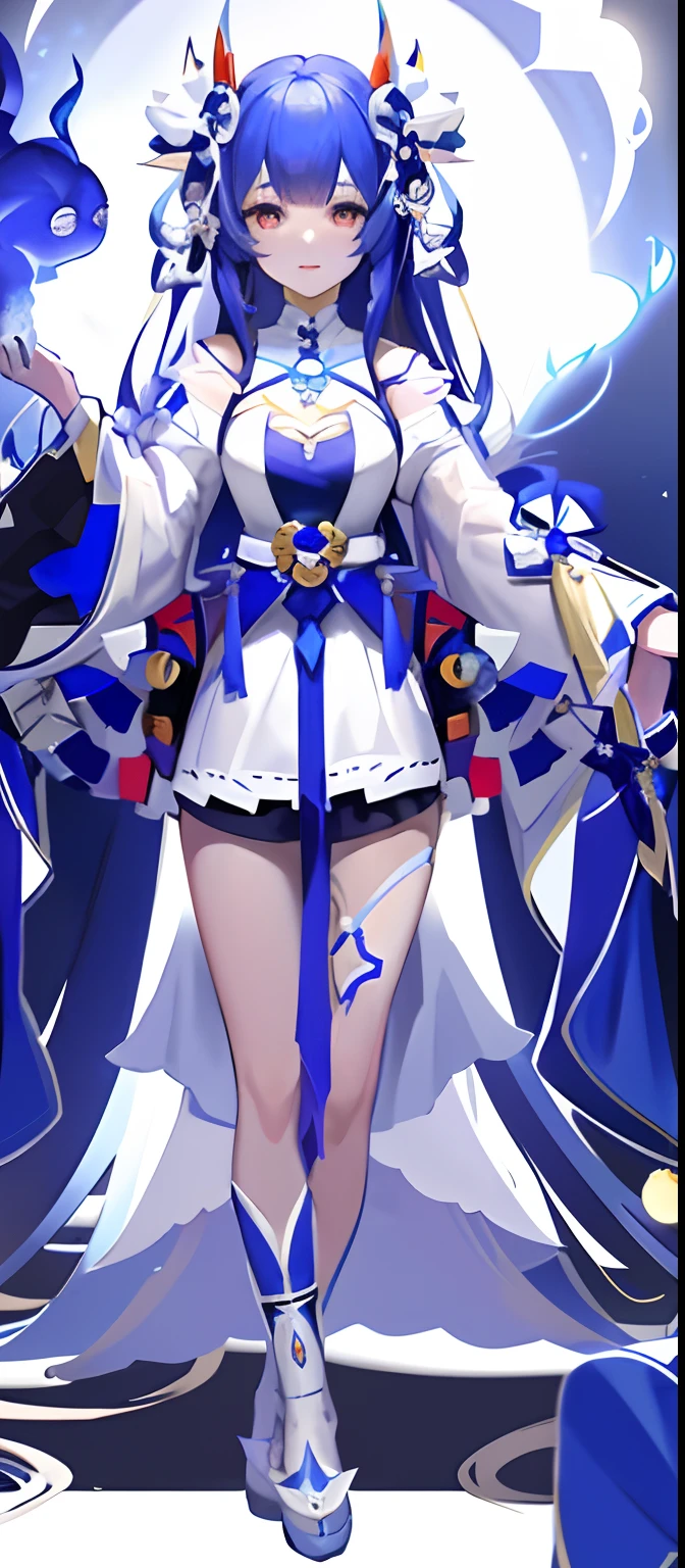 Anime girl in blue dress，White cape and blue dress, lunar themed attire, cute anime waifu in a nice dress, Onmyoji detailed art, azur lane style, Anime goddess, full-body xianxia, flowing magical robe, onmyoji, A scene from the《azur lane》videogame, 《azur lane》role, astral witch clothes