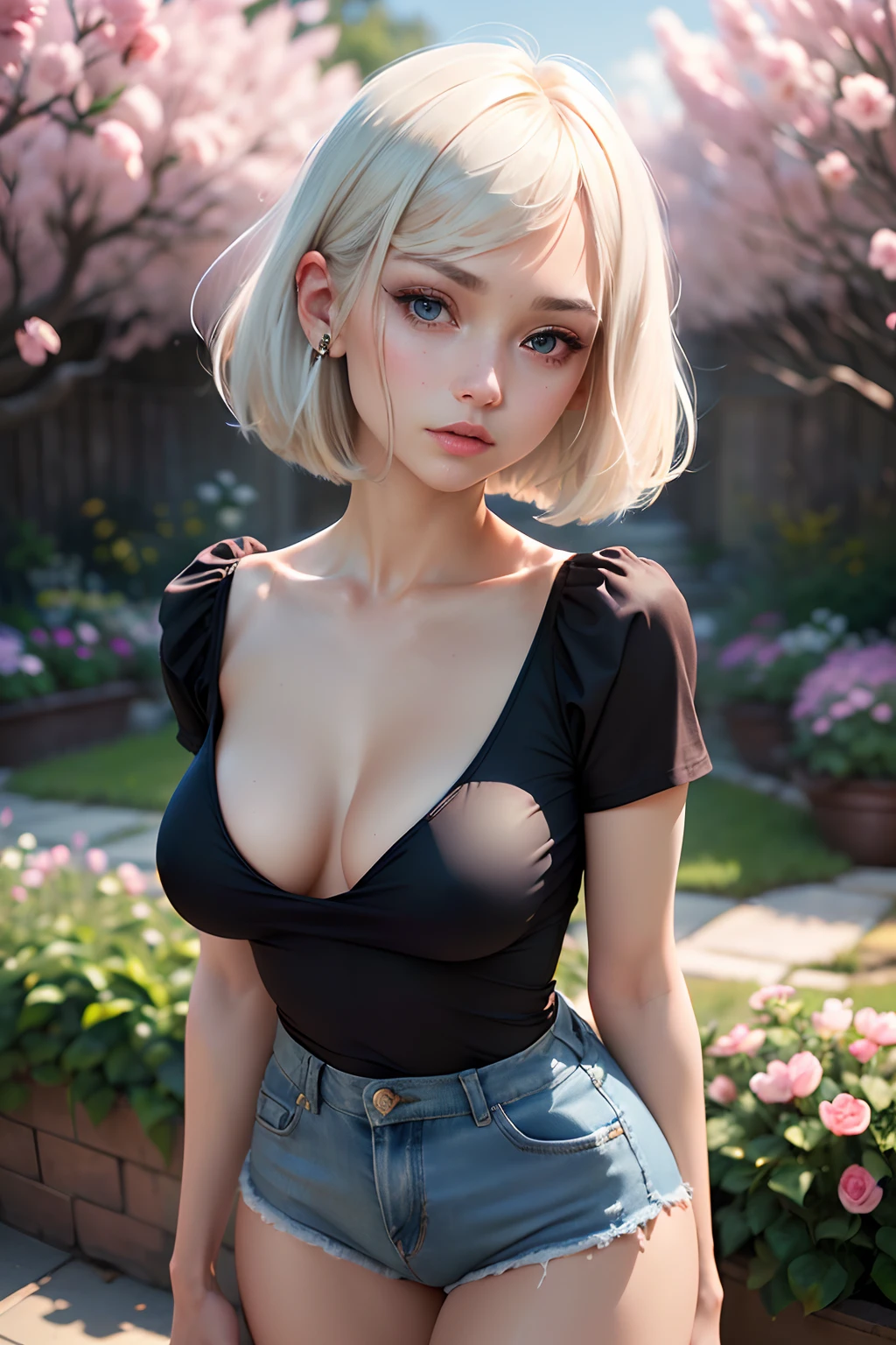 pretty 1girl, absurdres, 8k uhd, platinum blonde hair, bob cut, medium breasts, black tshirt, denim shorts, garden background, flowers, magnolias, apple tree, close up portrait