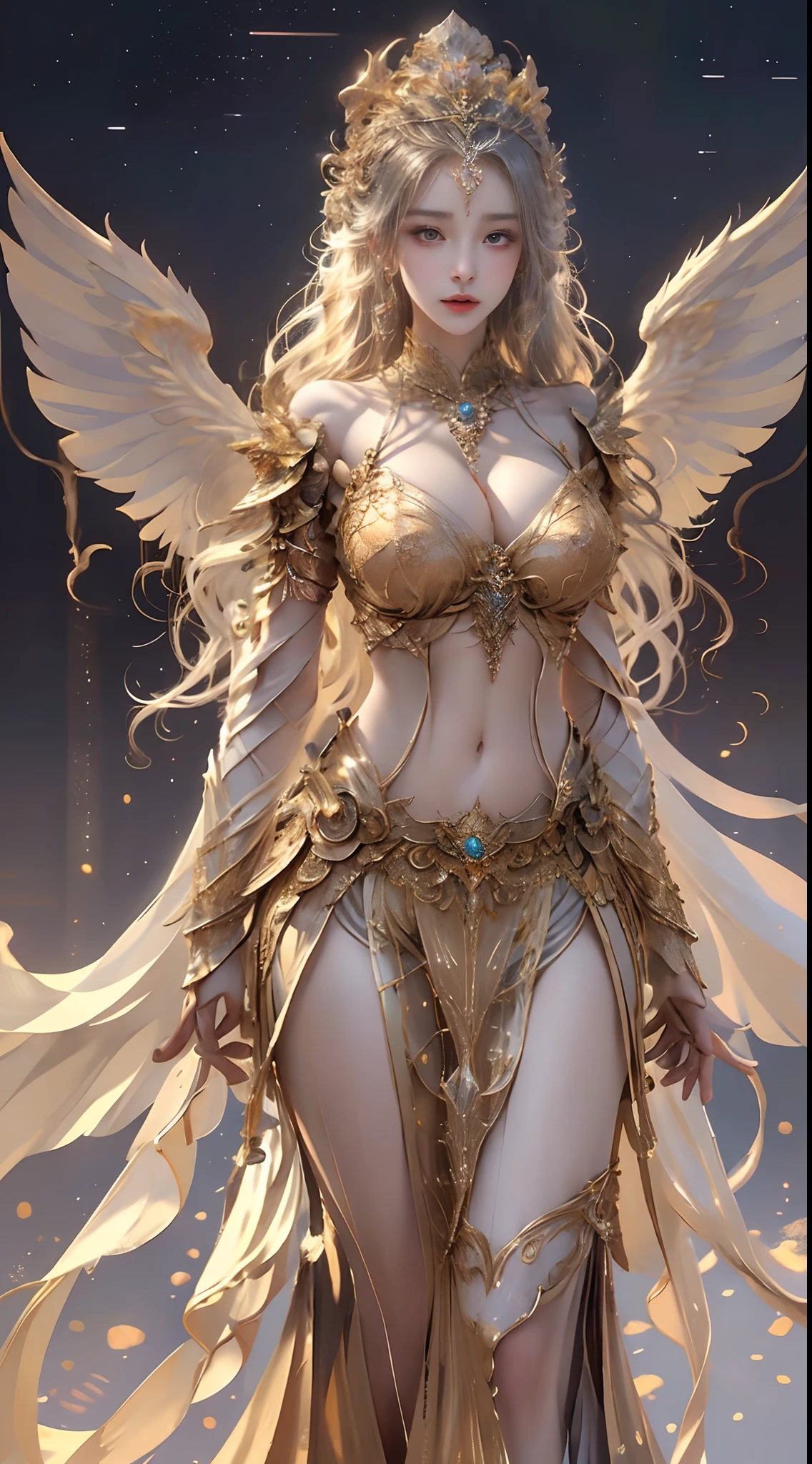 Woman in a golden transparent dress,view the viewer,(((Huge breasts, Large cleavage))),Slim waist,(navel baring,Bare waist), Long hair, Ultra-detailed details,High-end Zhenyi station, Rainstorm site, detailed fantasy art, Stunning character art, Beautiful and exquisite character art, (Beautiful golden armor), Extremely detailed, Girl in shiny armor, Exquisite tiaras and jewelry,Crystal jewelry filigree, milky ways, Stunning visuals, (dynamic streaks, light tracks:1.2), Vibrant colors,