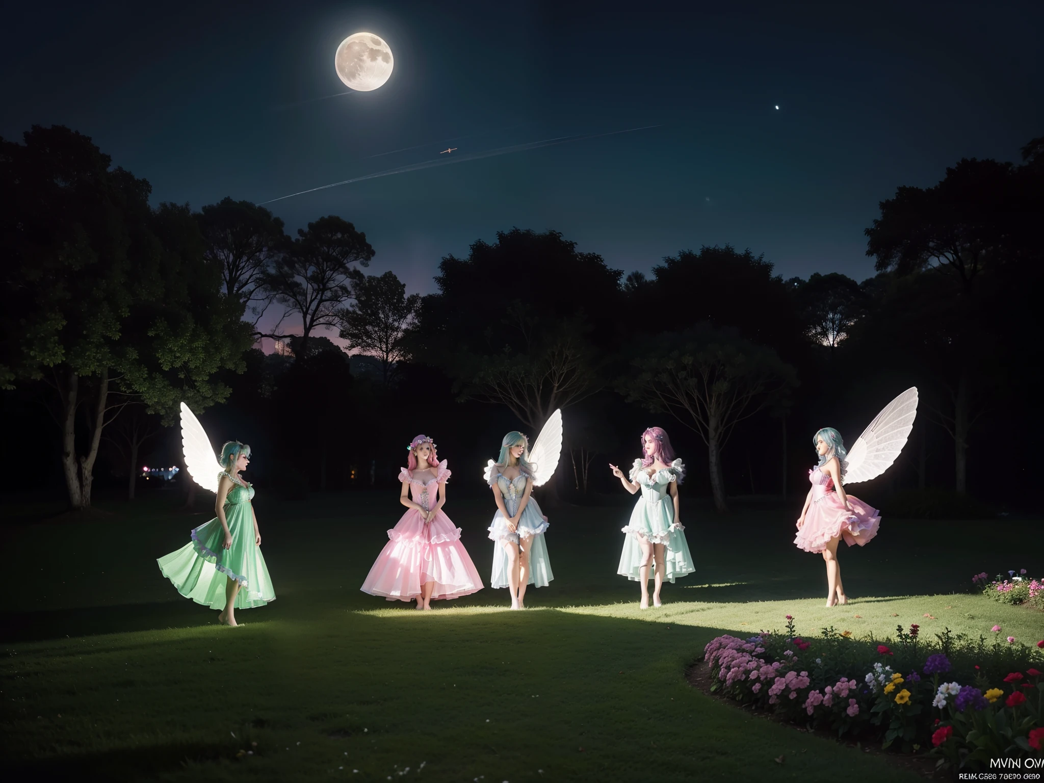 photo of 3 mature Flower fairies wearing latex club costumes, flying by fairies wings, in night gardens, moon light, deep shadow, upper body view, photorealistic, realism, real, materpiece, best quality, real skin feeling, blonde hair, blue hair, black hair, brown hair, pink hair, silver hair, purple hair, grey hair, red hair, green hair, huge breasts deep cleavage