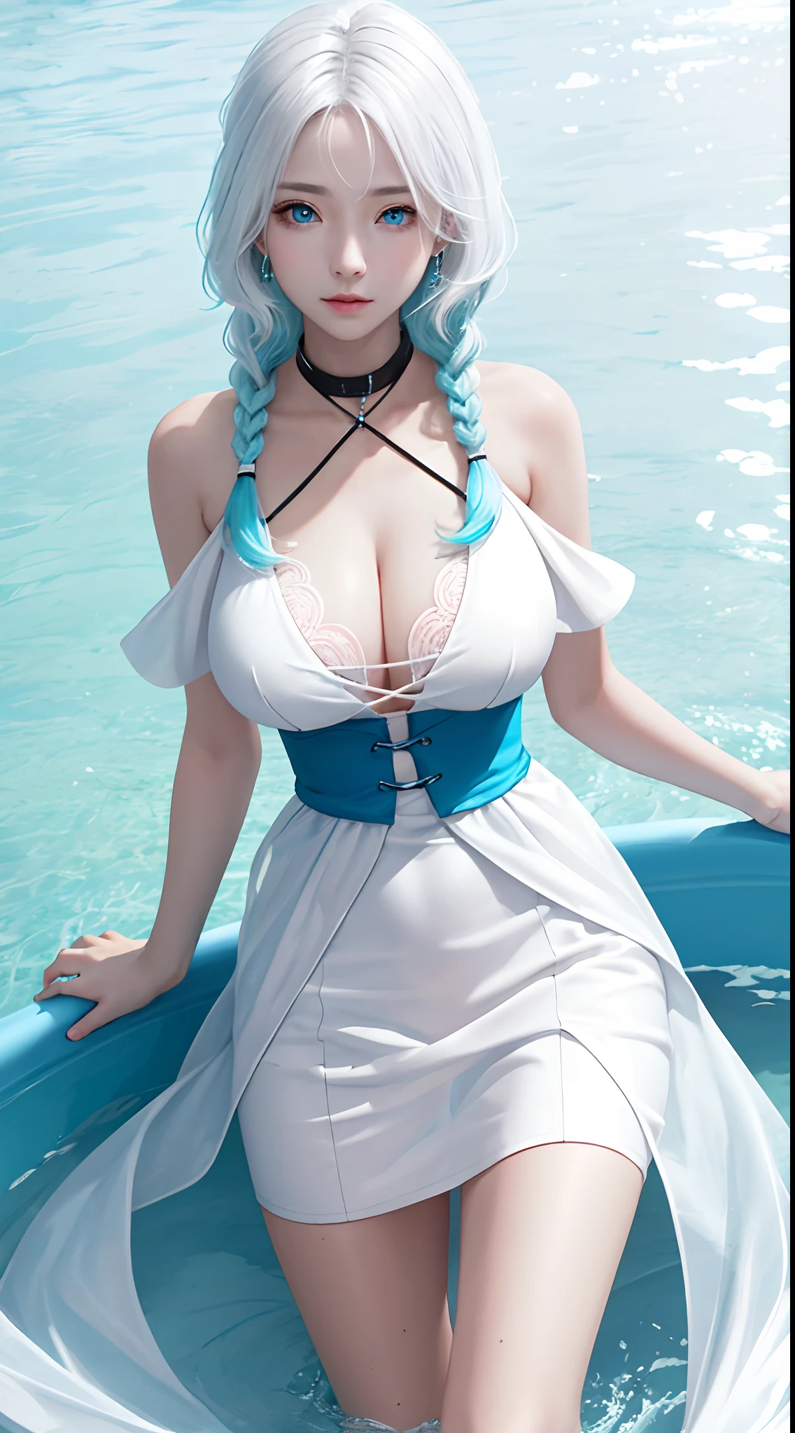 Need,tmasterpiece,White skin of the,Short long white hair,Cyan side braid dyeing,Young men,Eurasian mixed,anime big breast,eBlue eyes,accept