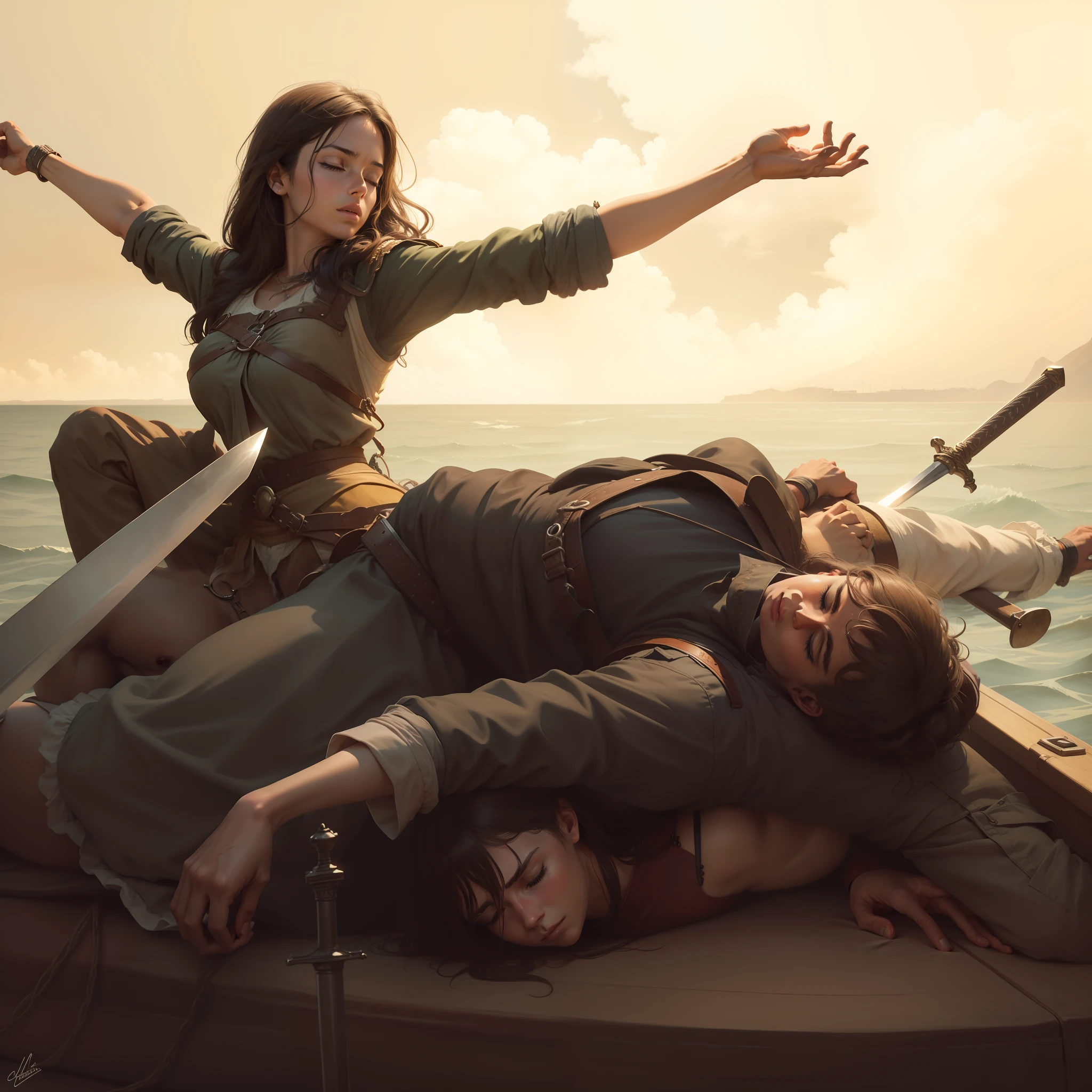 A man is sleeping on his boat with his arms open in his right hand and his back. A woman is sitting on top of him holding a sword which she is thrusting into his chest.