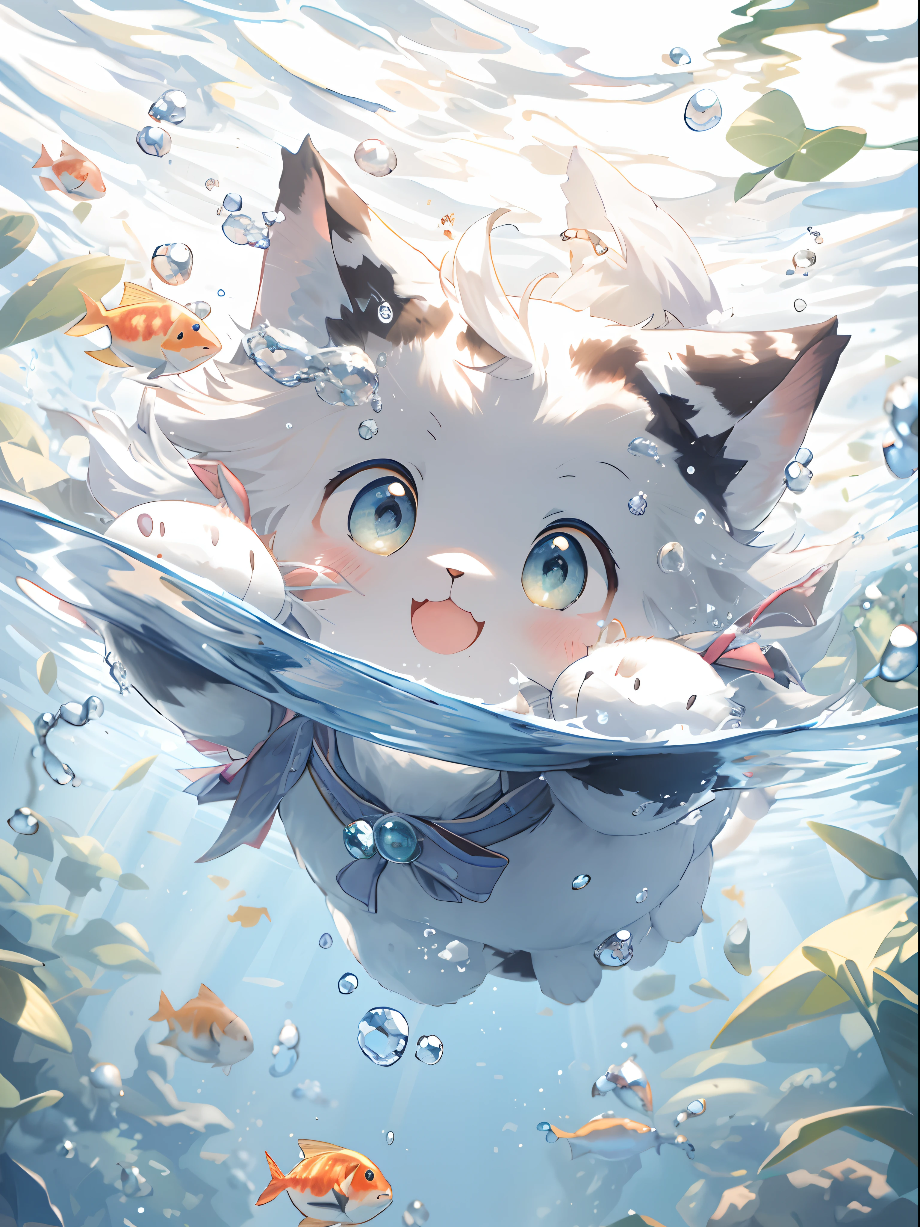 Anime cat in the water，fish around, anime visual of a cute cat, trending on artstation pixiv, Cute detailed digital art, a cat swimming in water, wallpaper anime blue water, anime cat, clean and meticulous anime art, Pisif Contest Champion, Pisif, Guweiz in Pixiv ArtStation, Splash art anime Loli, cute detailed artwork