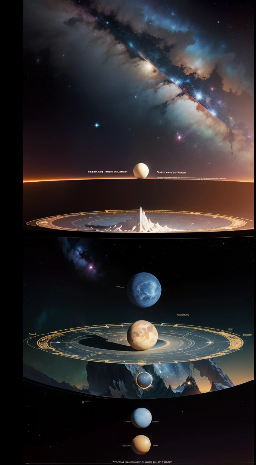 Schematic diagram of the cosmic structure of Mount Meru,Detailed chart annotations,Planetary hierarchy,Surrounded by stars,Star chart,Lots of detail,Charts,Astronomy Teaching Diagram