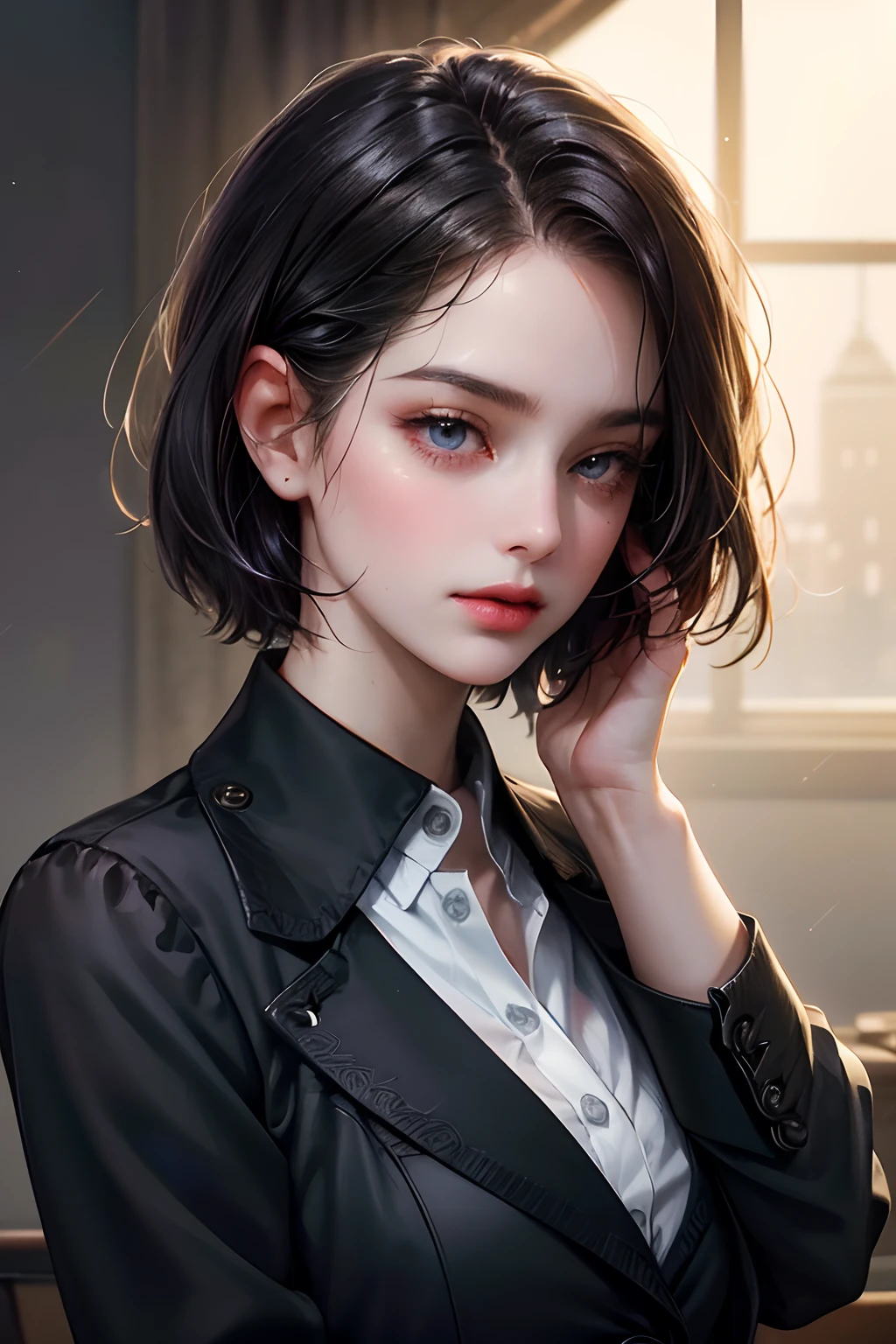 Character focus, upper body portrait, 1girl, teenager, beautiful girl, pure face, childish face, beautiful detailed eyes, short hair, black button up shirt, black jacket, black stockings, small perky breasts, blurred background, looking away from viewer, masterpiece, trending on artstation, best quality, cinematic lighting, highly detailed, 8k, wallpaper