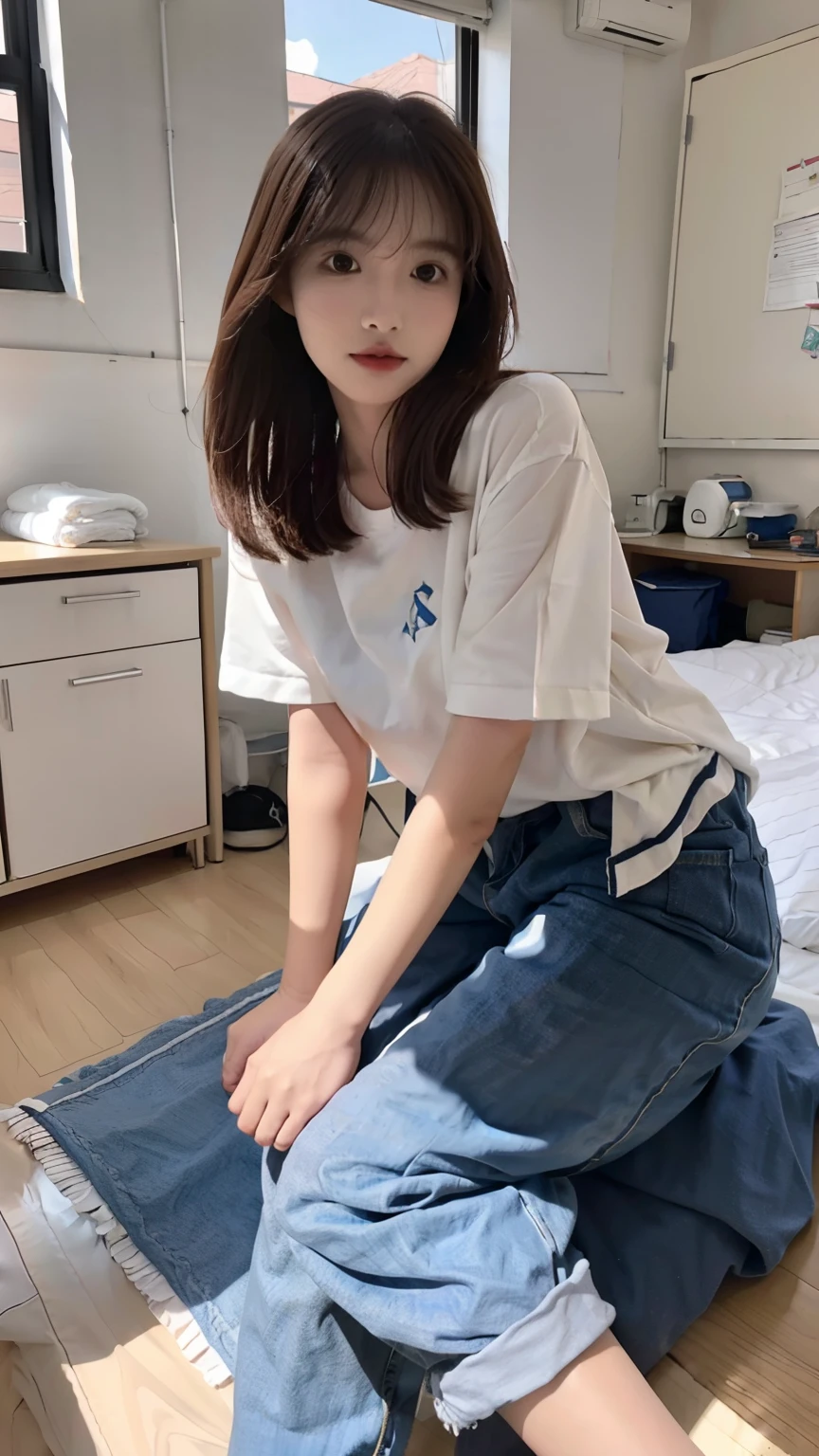 ,(wearing jeans salopette:1.3), Lie down on the grass, Overhead camera, sharp focus, handsome, skinny,professional lighting,city,rendered eyes,tall body,adult woman,hair ornament,instagram most viewed,official wallpaper, official art,(kpop idol), half-clos...