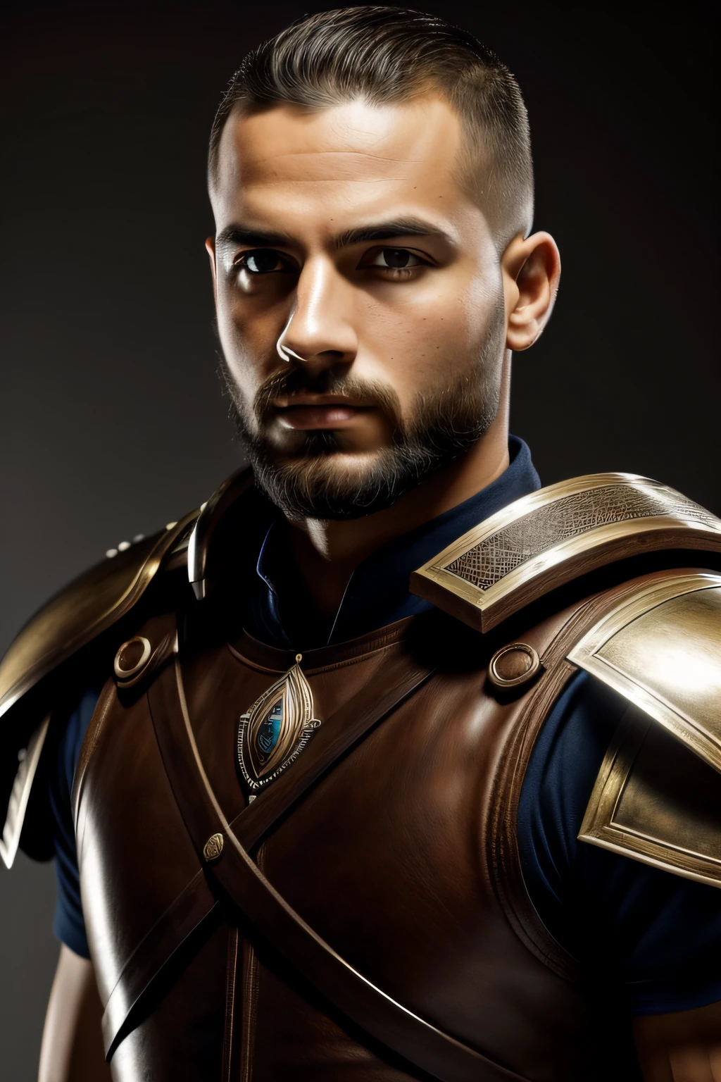 (master part), (best quality), cinemactic, fotorrealismo, renderizado, Realistic, ultra detalhado, rosto perfeito, Moldura retrato, retrato do busto, Soldado grego, Ancient Greek soldier, Homem de 24 anos, homem de pele clara, head erect, medium beard, olhos castanhos escuros, Armadura grega, armadura detalhada, breastplate, ombros largos, corte buzz, corte de cabelo muito curto, cabelo curto de cima, cabelo com testa recuando a linha do cabelo, Low-maintenance appearance, looking at the camera, postura viril