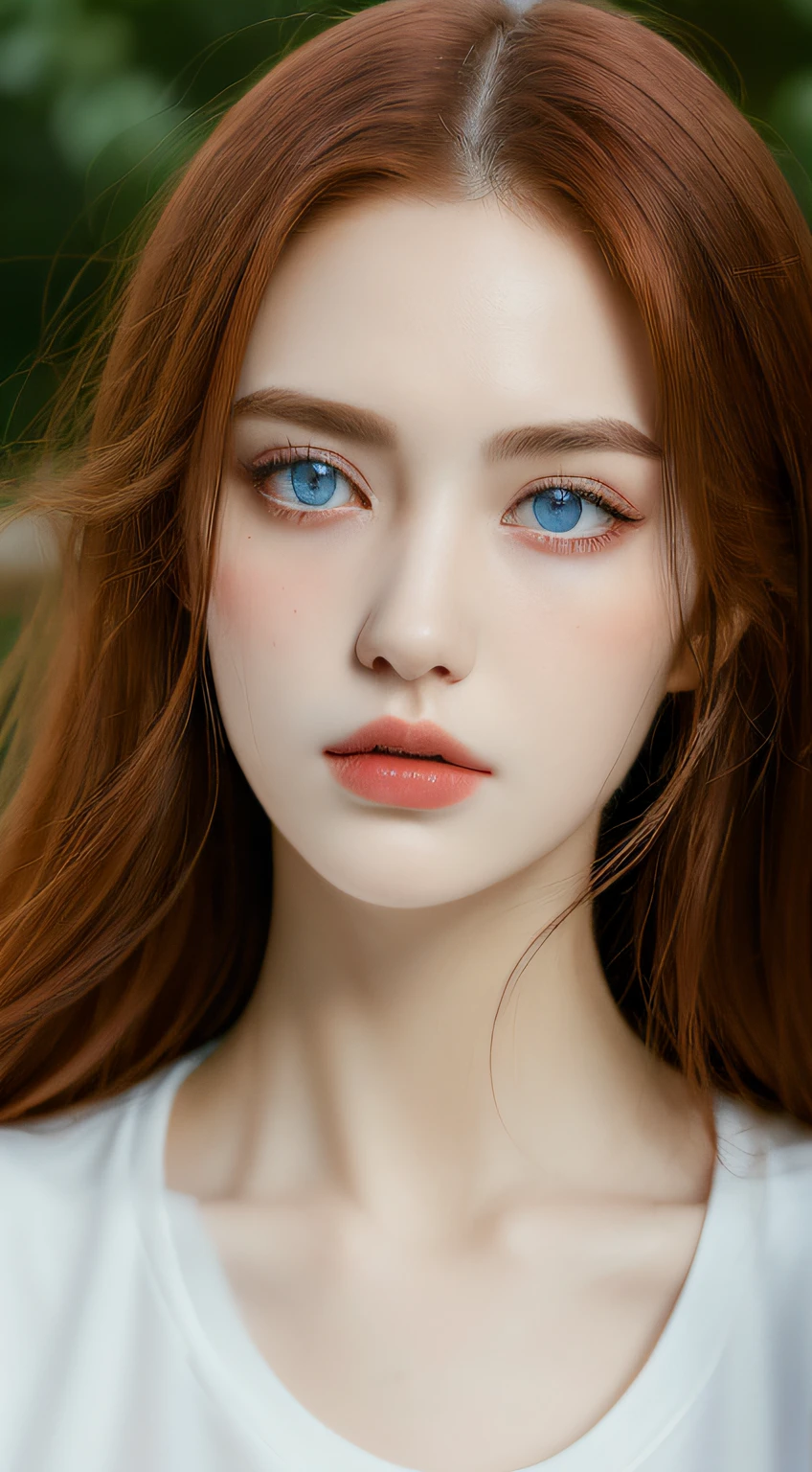 (Best quality, 8k, Masterpiece :1.3)), sensual woman, 1girl, (slender figure :1.2), blood red hair, (outdoor, shirt, shorts :1.1), ultra-detailed face, detailed lips, detailed eyes, double eyelid,(Large boobs1.5), only face, looking direct at the camera, eye level, full face, blue eyes