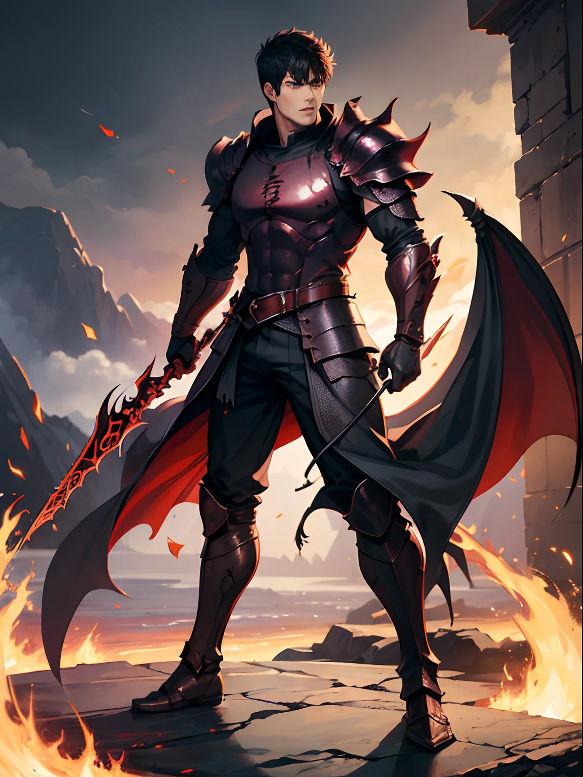 Full body scene of Guts (Berserk) with black hair, look at you, handsome face, cold, fiery eyes, center, full body wearing black armor inspired by demon dragon scales reflecting hell fire and purple lightning.