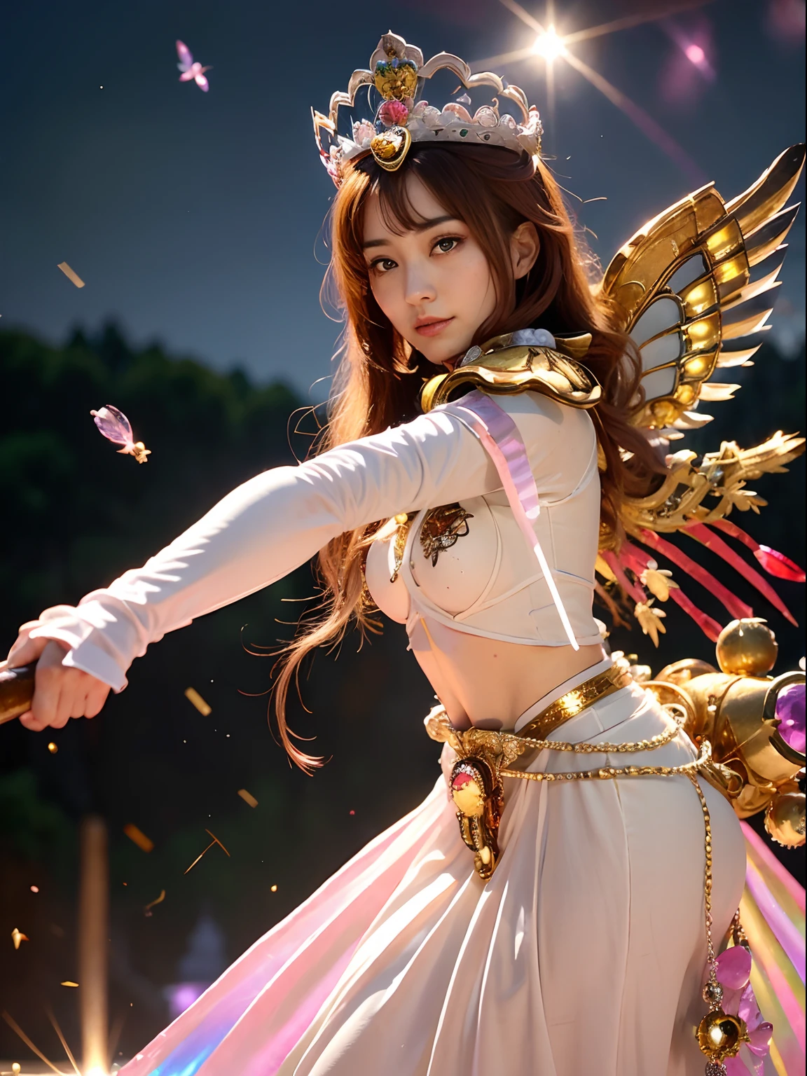 (masutepiece), Professional , ​masterpiece、top-quality、photos realistic , depth of fields （Gemstone White Metal Body:1.９),(Matte White Pink、Jewel Gold Weapon、（Gorgeous castle background）、（ultimate beauty girl）、（Rainbow fairy wings grow）、Particles of light、（Metal body of iridescent gemstones:1.９),Gorgeous Jewel Metal Weapons ,（maikurobikini）、 Detailed Sword of the Brave ,（ Pink hair）   ,warhammer 40k , adepta sororitas,Detail and ornate jewel crown、独奏、Brown hair、Mystical expression、cleavage of the breast、（Gangle's forest background）、Beautiful Caucasian beauty、１a person、dynamic ungle,(((Diamond tiara with detail and luxury)))、a small face、Powerful poses、（Gorgeous castle background）、huge filesize、20 year old beautiful woman、Stand in the center of the screen、Thin female fingers、Straight long hair、Beautiful Caucasian beauty、（maikurobikini）、Hair fluttering in the wind、face forwards、Look at viewers、（Armpit）、Armpit、