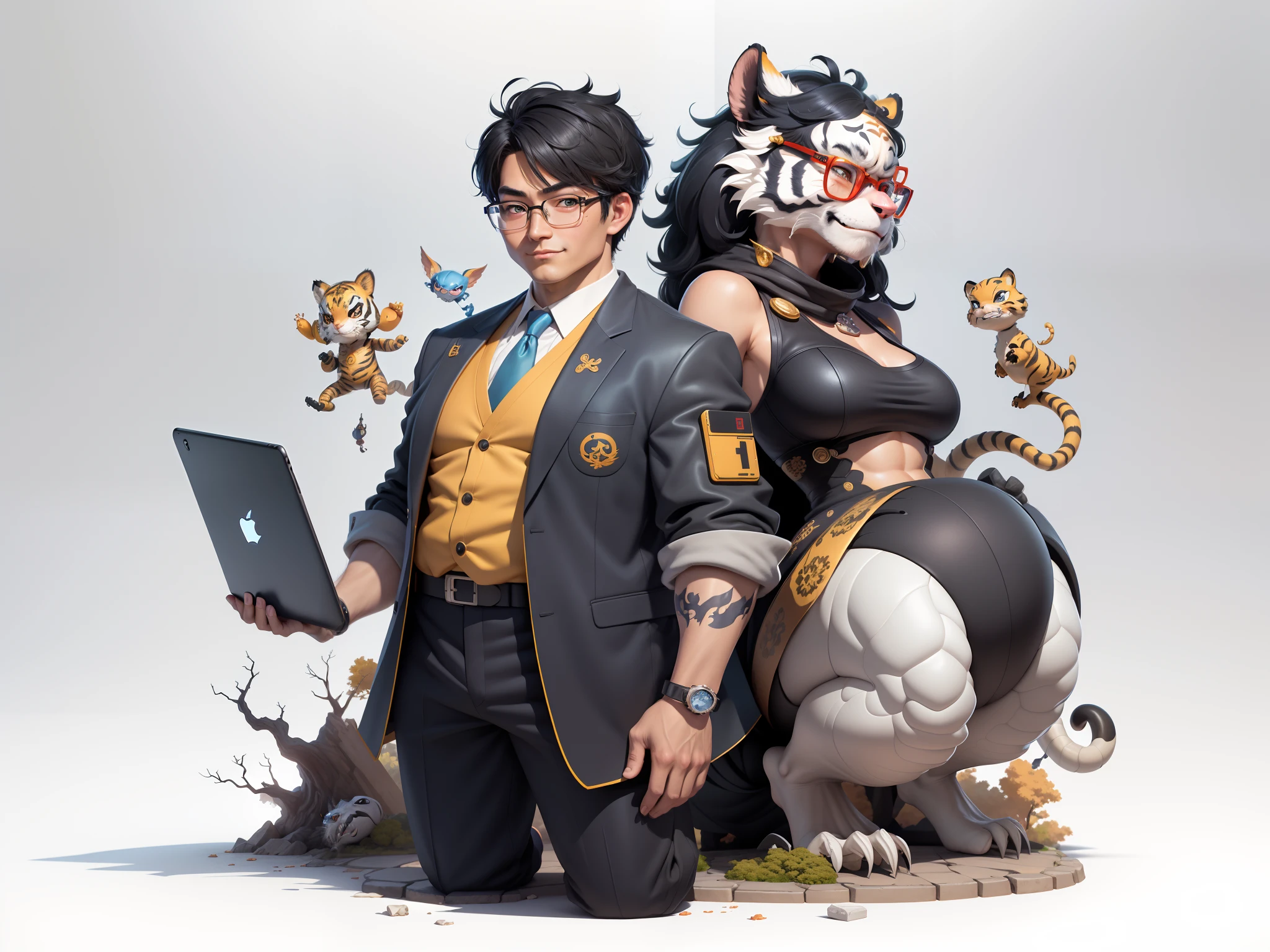 (Masterpiece), (Excellent), (Super Meticulous), (Full Body: 1.2), Super Young Man with Japanese Female Geisha, Pretty, Beautiful, Chinese Dragon, Tiger, Wind God Thor, Sexy, Bursting, Oriental Face, TV Anchor, Bust Portrait Illustration, Black Suit, Blue Tie, Slightly Chubby Face, Silver Glasses, Very Clean Face, No Beard on Chin, Black Super Short Hair, Black Eyes, Confident Smile, 3c Computer Sub-Products, iPad, iPhone, Digital Painting, 3D character design by Mark Clairedon and Pixar and Hayao Miyazaki and Akira Toriyama, the illustrations are HD illustrations in 4K resolution with highly detailed facial features and cartoon-style visuals.