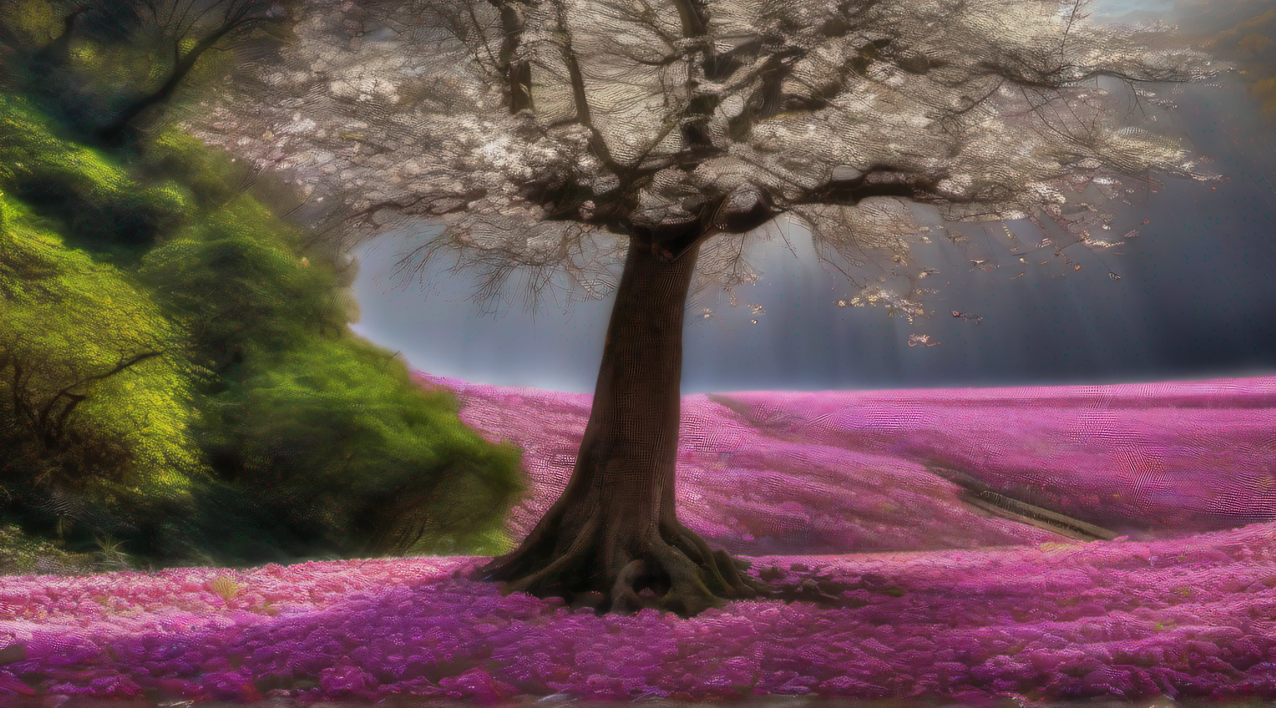 Em uma colina, A majestic tree sheds white flowers like tears. His silent lament paints the landscape with delicate petals. Next to the tree, um rio vermelho estende-se ao longo do horizonte. The scene is a harmony of contrasting colors: o branco das flores e o vermelho do rio. 8K HDR resolution enhances every detail, while the atmosphere is an echo of nature in a trance. Uma imagem de beleza e melancolia, where land and water share a silent sadness