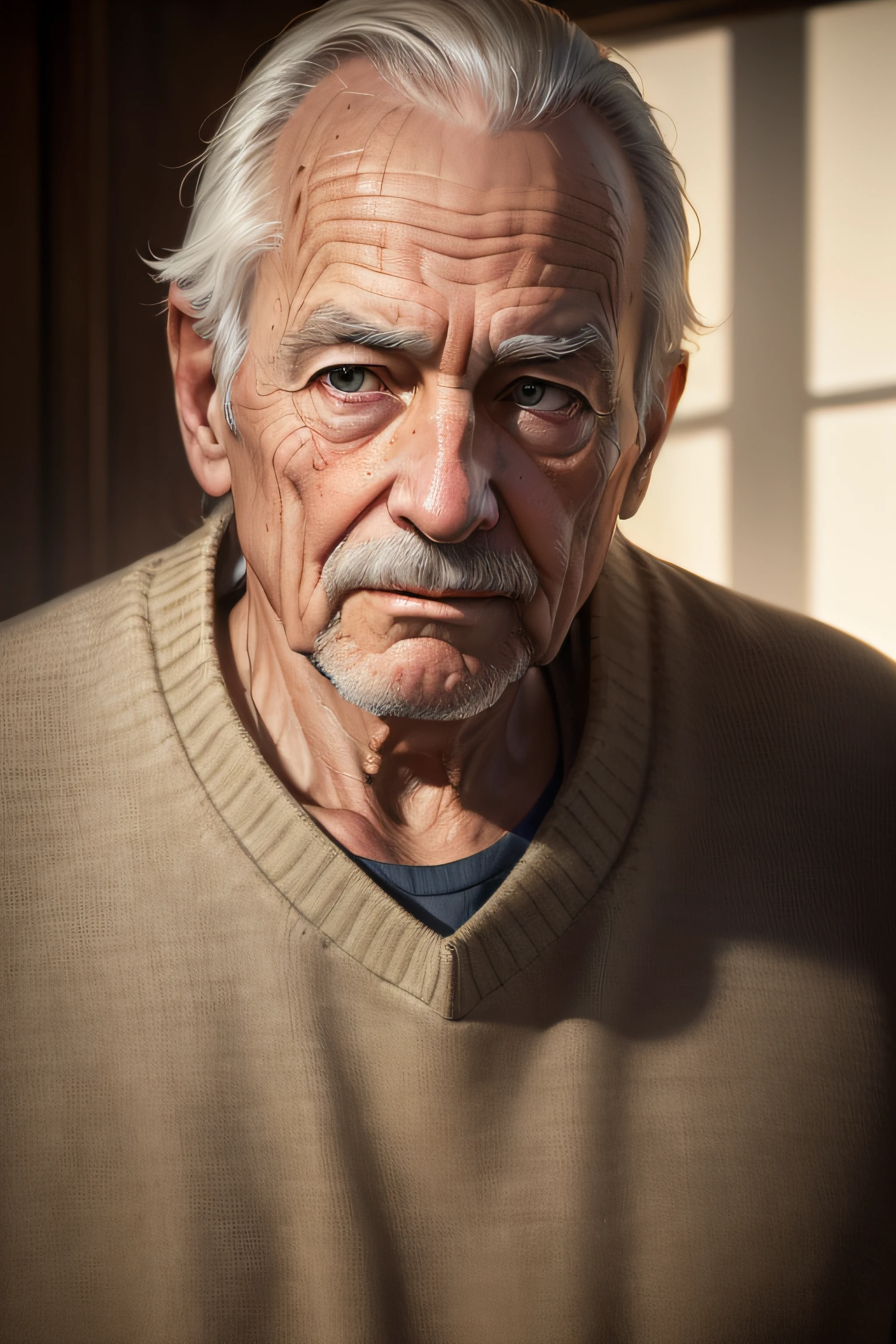 (masterpiece, photorealistic, raw,:1.4), (extremely intricate:1.2), close up, cinematic light, sidelighting, ultra high res, best shadow, RAW, upper body, old man, wearing pullover,