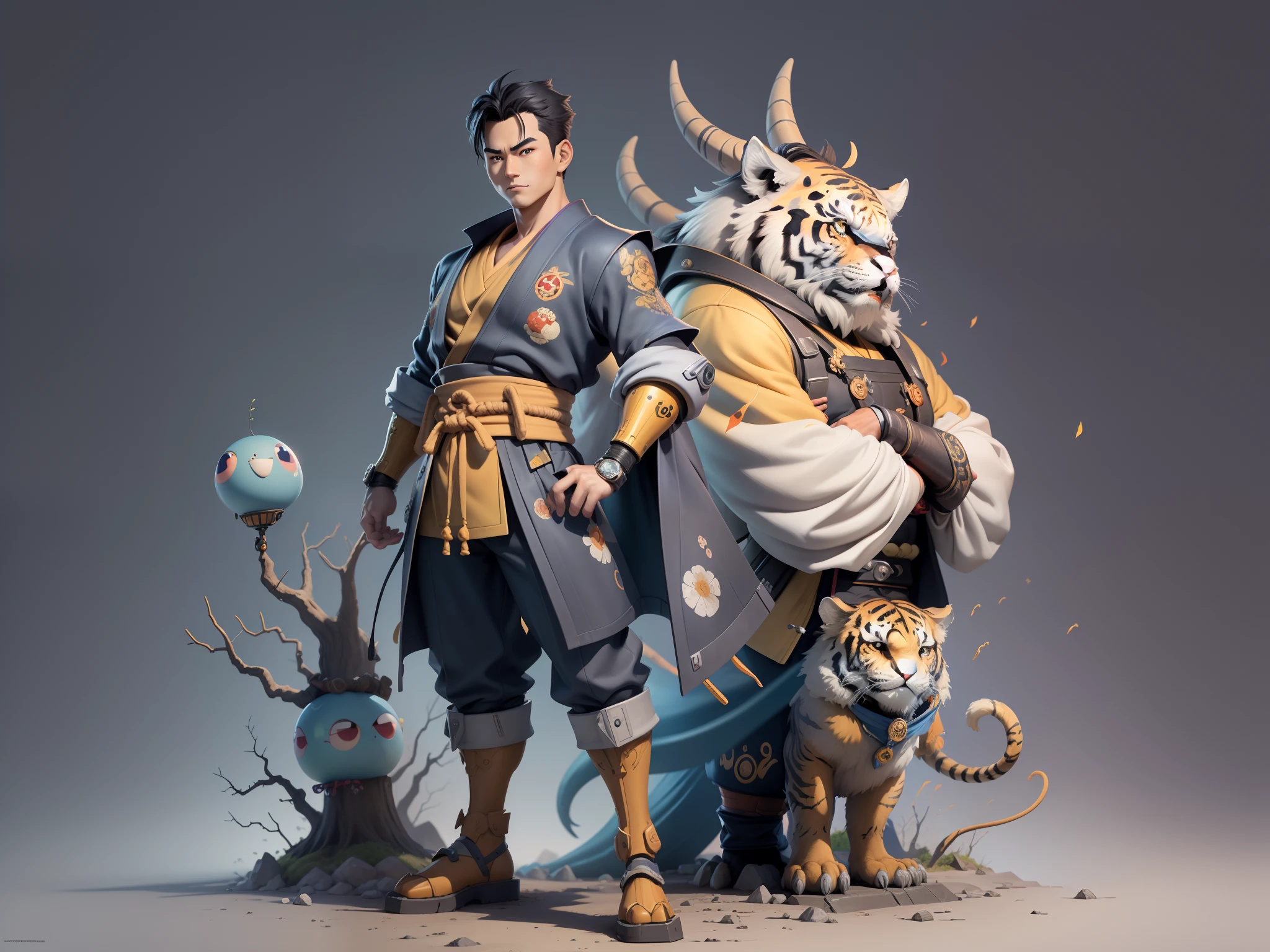 (Masterpiece), (Excellent), (Super Meticulous), (Full Body: 1.2), Super Young Man, Oriental Face, Japanese Kimono, Japanese Wind Thunder God, Dragon, Tiger, TV Anchor, Bust Portrait Illustration, Alone, Black Suit, Blue Tie, Slightly Chubby Face, Very Clean Face, No Beard, Black Super Short Hair, Black Eyes, Confident Smile, 3c Computer Sub-Products, iPad, iPhone, Digital Painting, 3D Character Design by Akira Toriyama and Mark Claireden and Pixar and Hayao Miyazaki, The illustration is a high-definition illustration in 4K resolution with very detailed facial features and cartoon-style visuals.