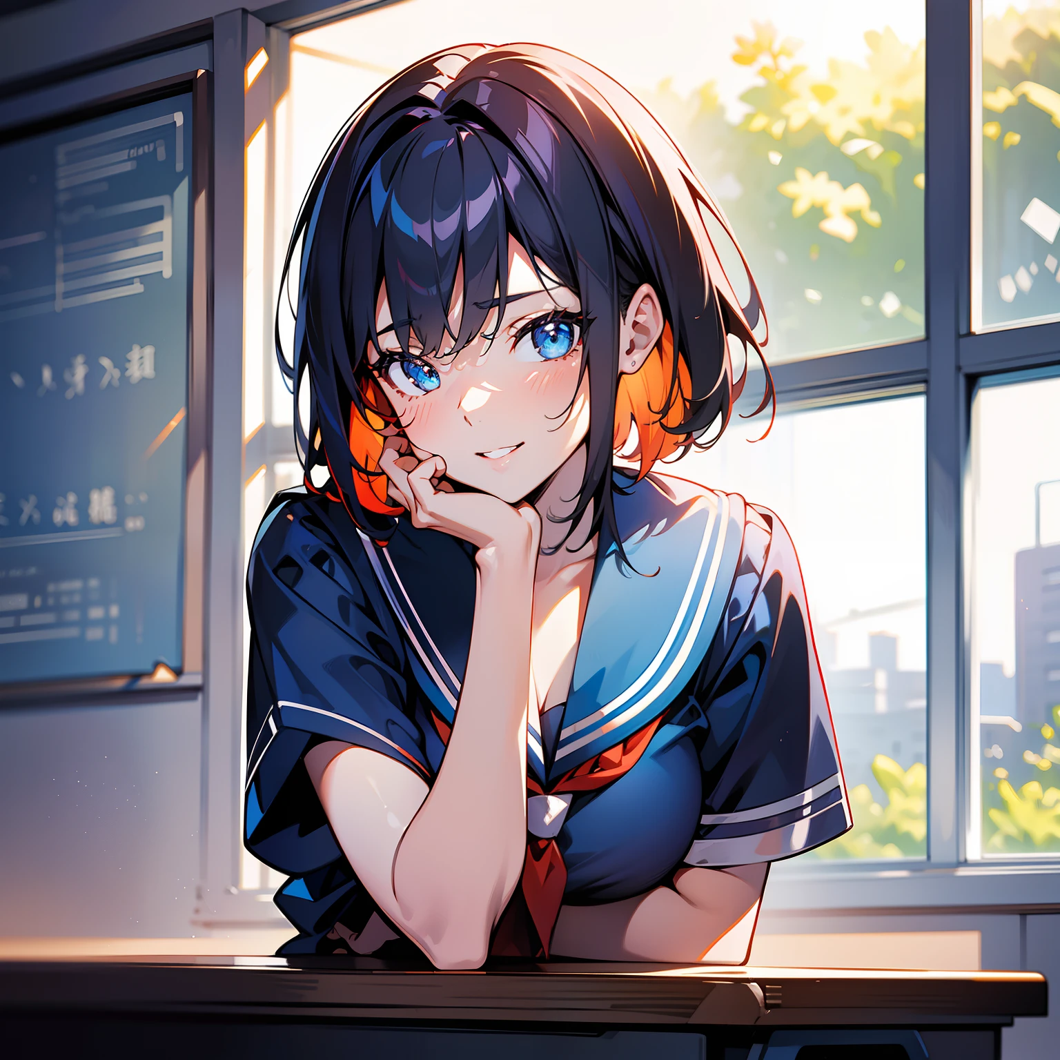 Blue-orange curls are curved inward，It belongs to short-haired，There is a strong sense of freshness and freshness,girl with,serafuku, hands on one's face, Elbows on the desk, Sit up, ‎Classroom, sunlights, window, see the beholder, Toothy smile, I can see the cleavage:1.2, Best Quality,Ultra-detailed, High resolution, extremely details CG, Unity 8k壁纸, Official art, production art, novel illustration, by famous artist, Caustics, textile shading, super detailed skin, Perfect Anatomy, Detailed, Cinematic lighting, Dynamic lighting, Beautiful detailed eyes, (top-quality), (ultra-detailliert), (masuter piece), (hight resolution), (Original), Character Design, Game CG, Detailed Manga Illustration, Realistic head-to-body size ratio:1.2