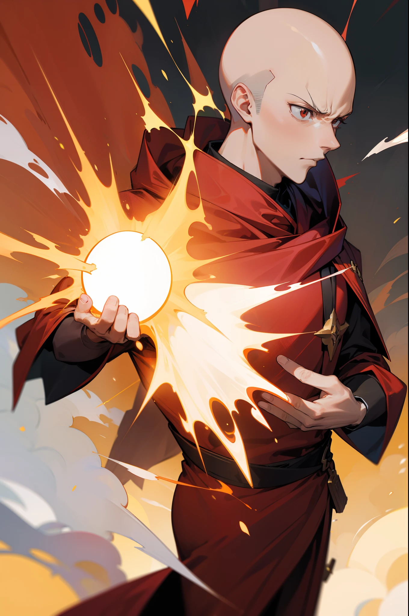 Man in red robes,bald-headed,Arrogant,explosion background