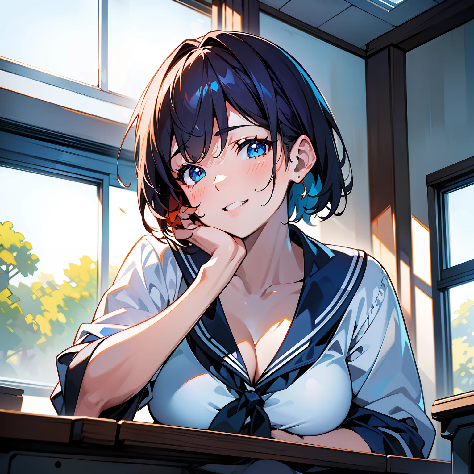 Blue-orange curls are curved inward，It belongs to short-haired，There is a strong sense of freshness and freshness,girl with,serafuku, hands on one's face, Elbows on the desk, Sit up, ‎Classroom, sunlights, window, see the beholder, Toothy smile, I can see the cleavage:1.2, Best Quality,Ultra-detailed, High resolution, extremely details CG, Unity 8k壁纸, Official art, production art, novel illustration, by famous artist, Caustics, textile shading, super detailed skin, Perfect Anatomy, Detailed, Cinematic lighting, Dynamic lighting, Beautiful detailed eyes, (top-quality), (ultra-detailliert), (masuter piece), (hight resolution), (Original), Character Design, Game CG, Detailed Manga Illustration, Realistic head-to-body size ratio:1.2