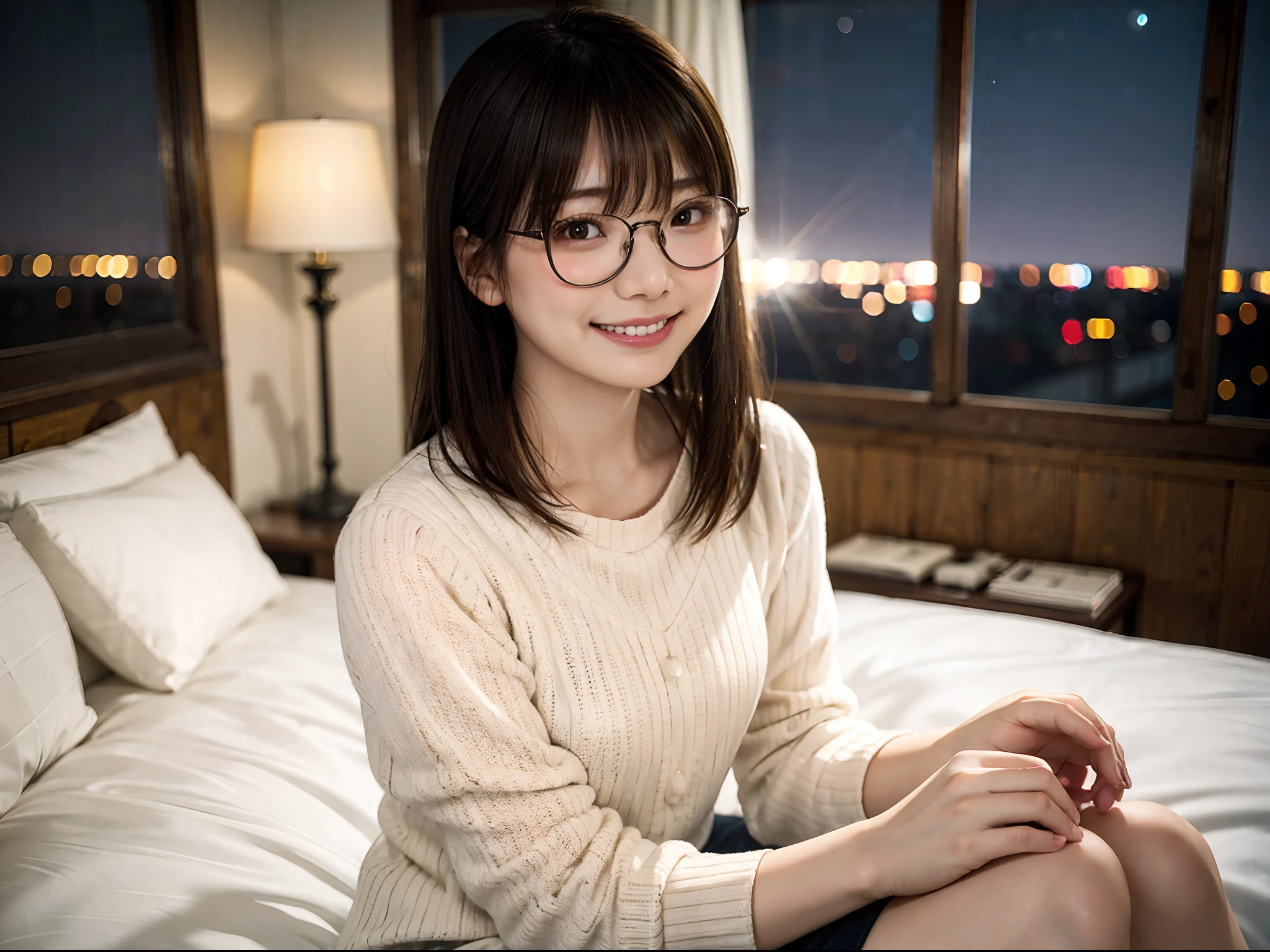 Japan girl in casual clothes in hotel room at night、looking at the viewers、(top-quality、masterpiece)))、hight resolution、ighly detailed、masterpiece、电影灯光、(8K、top-quality、masterpiece:1.2)、(realisitic、Photorealsitic:1.37) Hi-Res、The ultra-detailliert、Woman with glasses、Thin frame round glasses、Light colored glasses frames、asian human, cute little, cute face, 独奏, Short hair 1.2, Textured skin, beautiful smiling face, Beautiful detailed night sky, Detailed night view, 电影灯光, depth of fields, Lens flare light、Sitting in bed、Dating、(blush nose)、(A smile:1.15)、(Mouth closed)tiny chest、beautiful finely detailed eyes、(Sweaters:1.1)、natta、(shorth hair:1.2)、Floating hair Nova frog style、