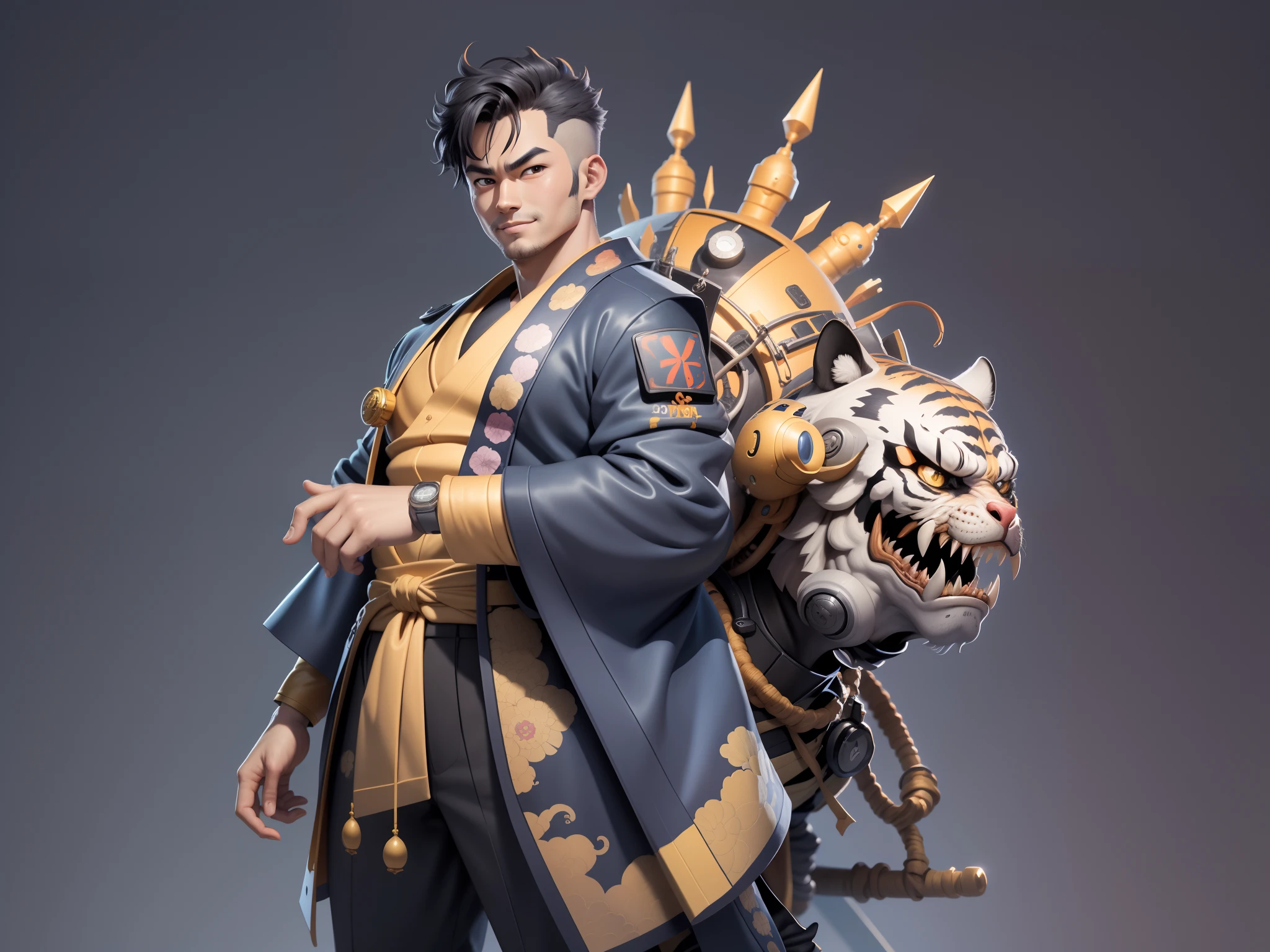 (Masterpiece), (Excellent), (Super Meticulous), (Full Body: 1.2), Super Young Man, Oriental Face, Japanese Kimono, Japanese Wind Thunder God, Dragon, Tiger, TV Anchor, Bust Portrait Illustration, Alone, Black Suit, Blue Tie, Slightly Chubby Face, Very Clean Face, No Beard, Black Super Short Hair, Black Eyes, Confident Smile, 3c Computer Sub-Products, iPad, iPhone, Digital Painting, 3D Character Design by Akira Toriyama and Mark Claireden and Pixar and Hayao Miyazaki, The illustration is a high-definition illustration in 4K resolution with very detailed facial features and cartoon-style visuals.