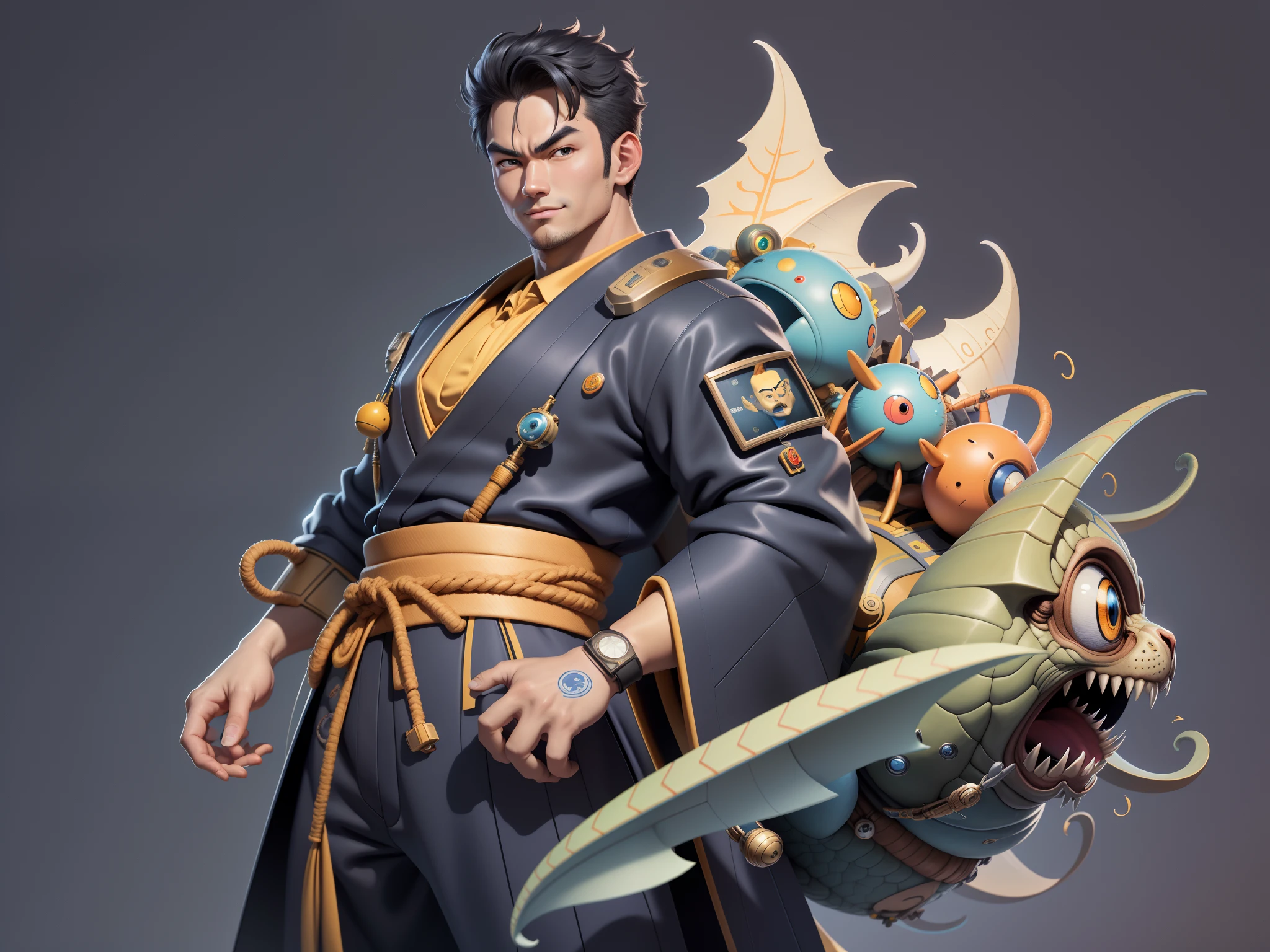 (Masterpiece), (Excellent), (Super Meticulous), (Full Body: 1.2), Super Young Man, Oriental Face, Japanese Kimono, Japanese Wind Thunder God, Dragon, Tiger, TV Anchor, Bust Portrait Illustration, Alone, Black Suit, Blue Tie, Slightly Chubby Face, Very Clean Face, No Beard, Black Super Short Hair, Black Eyes, Confident Smile, 3c Computer Sub-Products, iPad, iPhone, Digital Painting, 3D Character Design by Akira Toriyama and Mark Claireden and Pixar and Hayao Miyazaki, The illustration is a high-definition illustration in 4K resolution with very detailed facial features and cartoon-style visuals.