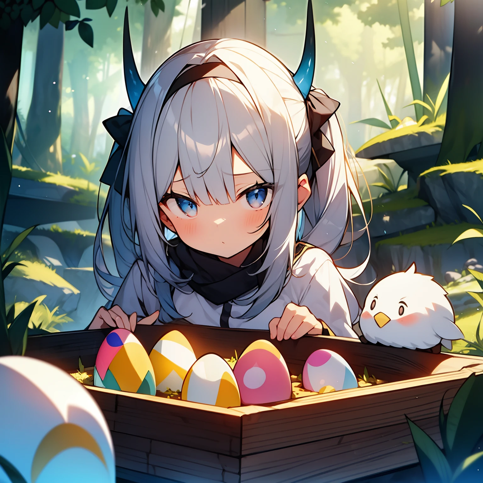 masterpiece、high-level image quality、Detailed depiction、an oil painting、I have a little girl、Multicolored eggs are laid here and there、A cute horned chick hatches from one of the eggs、Other eggs are likely to crack and be born.、The girl has golden hair and short pigtails、Lonely look, Hit him from the inside、The surroundings are dim、It seems to be trapped in a deep forest or underground、A phantom beast that emits a mysterious light floats、