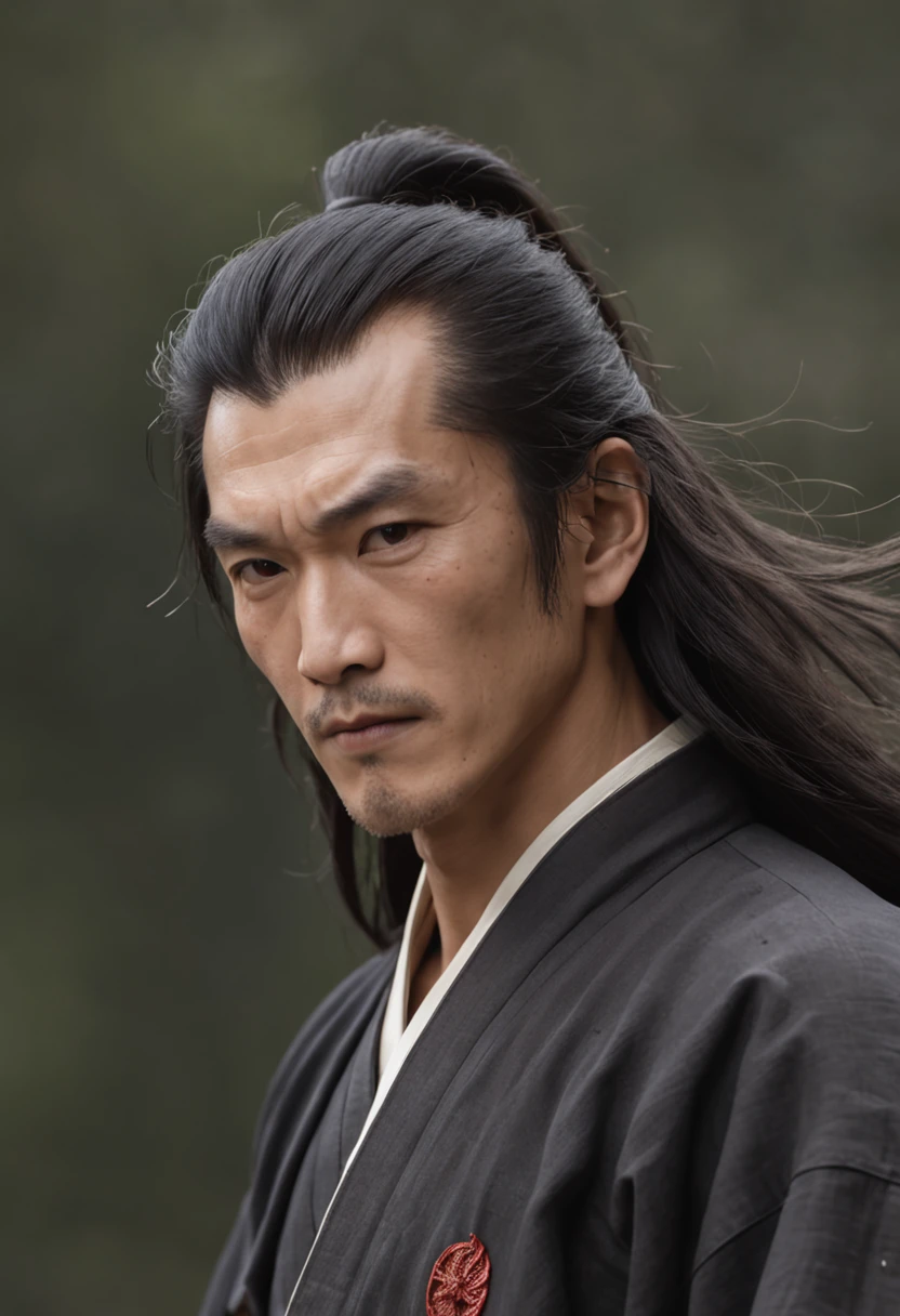 Martial arts novel Dragon Babu Gang leader Qiao Feng,Ken Takakura, Tall and strong,Long hair,The face is densely covered with short whisker roots,Darkening of the skin, Coarse hemp`Commoner