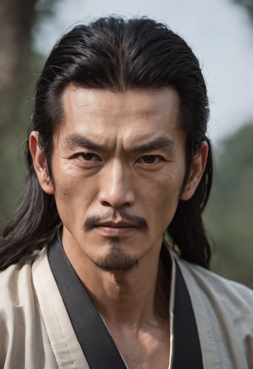 Martial arts novel Dragon Babu Gang leader Qiao Feng,Ken Takakura, Tall and strong,Long hair,The face is densely covered with short whisker roots,Darkening of the skin, Coarse hemp`Commoner