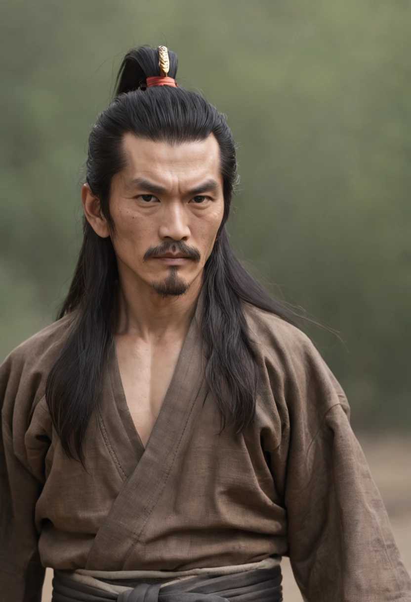 Martial arts novel Dragon Babu Gang leader Qiao Feng，Ken Takakura, Tall and strong，Long hair，The face is densely covered with short whisker roots，Darkening of the skin， Coarse hemp`Commoner