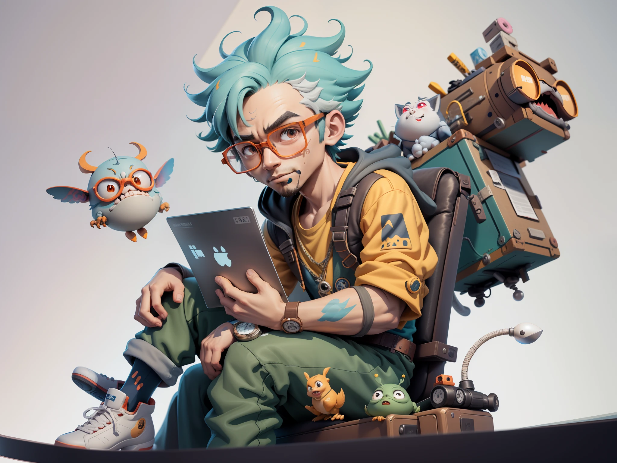 A young man with glasses sits at his desk,holding laptop,digitial painting,3D character design by Mark Clairen and Pixar and Hayao Miyazaki and Akira Toriyama,4K HD illustration,Very detailed facial features and cartoon-style visuals。