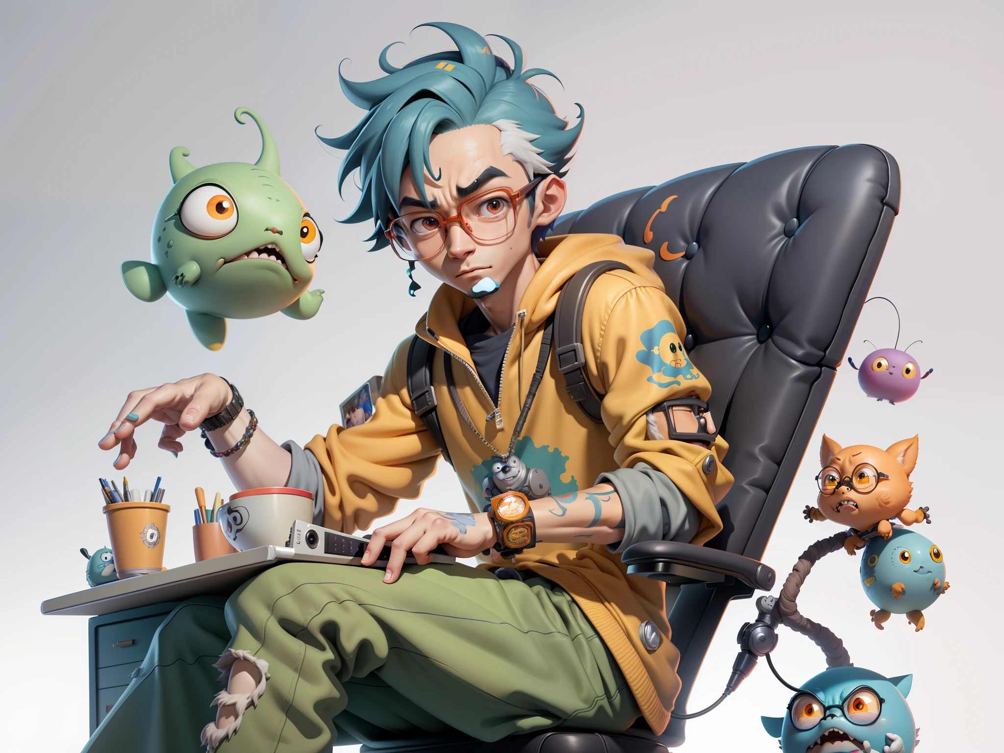 A young man with glasses sits at his desk,holding laptop,digitial painting,3D character design by Mark Clairen and Pixar and Hayao Miyazaki and Akira Toriyama,4K HD illustration,Very detailed facial features and cartoon-style visuals。